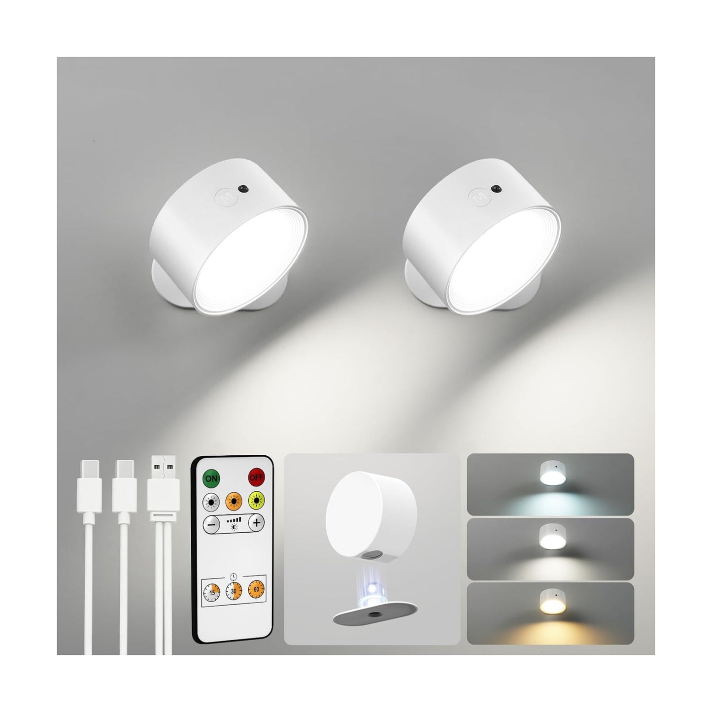LED Wall Mounted Lights, Rechargeable Wall Sconces, 3 Color Temps, Remote & Touch, 360° Rotating and Dimmable for
