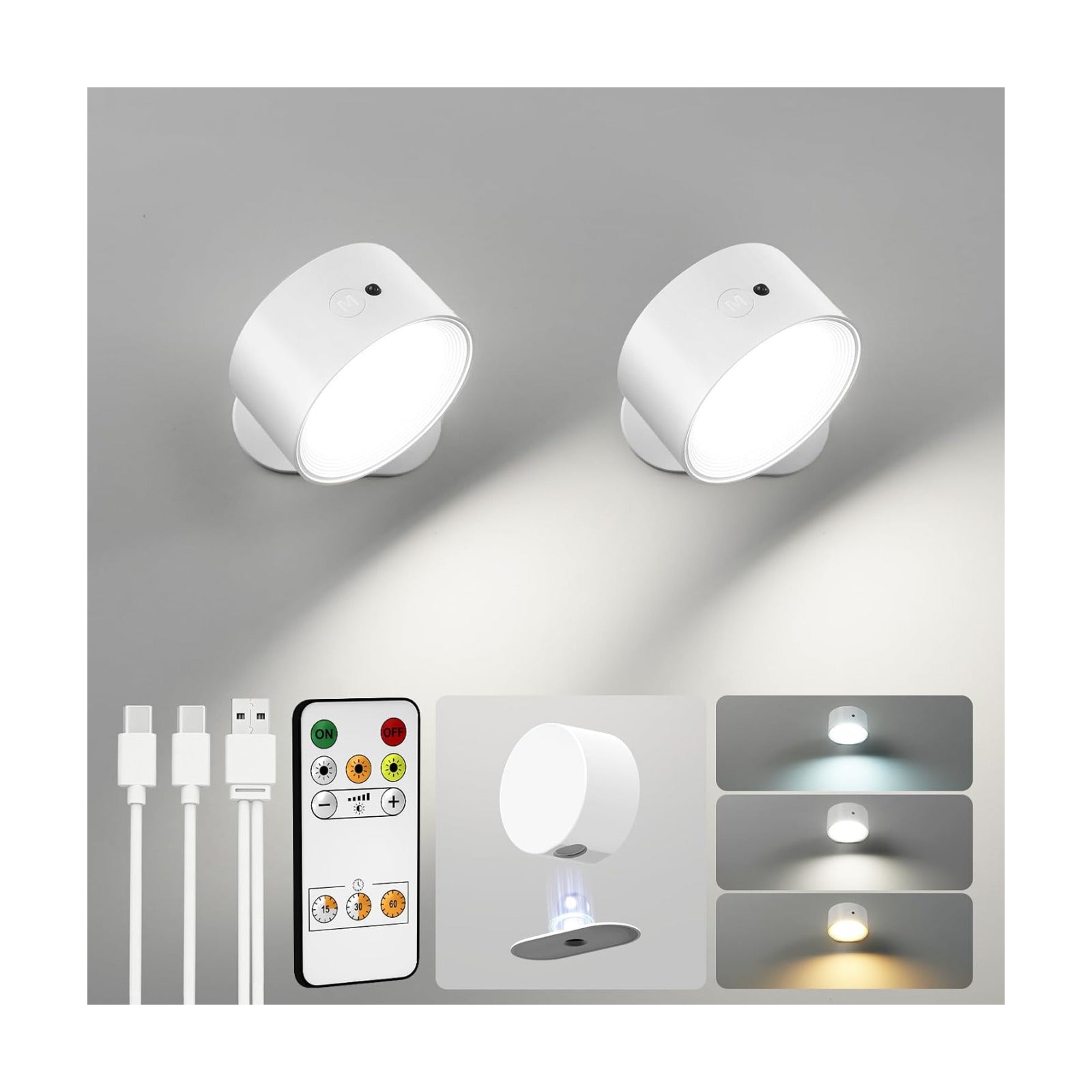 LED Wall Mounted Lights, Rechargeable Wall Sconces, 3 Color Temps, Remote & Touch, 360° Rotating and Dimmable for