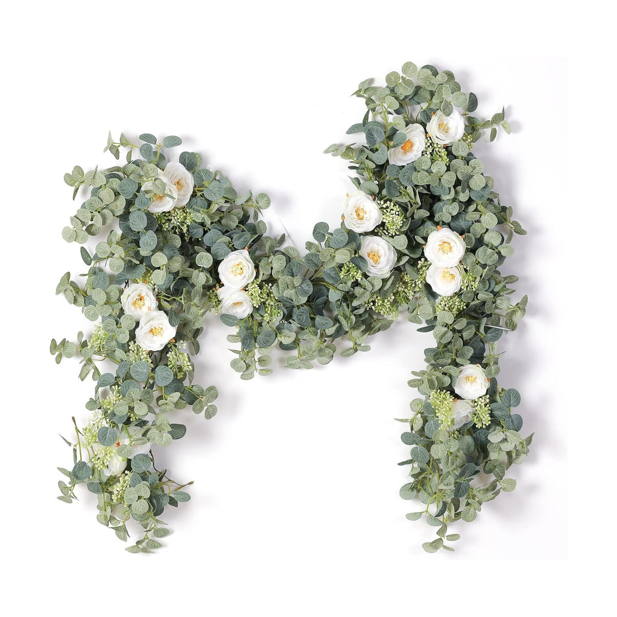 PARTY JOY 2pcs 6.56ft Eucalyptus Garland with Flowers-8 White Roses, Artificial Fake Flowers Greenery Garland Floral Vines for Decoration Party Wedding Table Indoor Outdoor Backdrop Wall Decor(White)