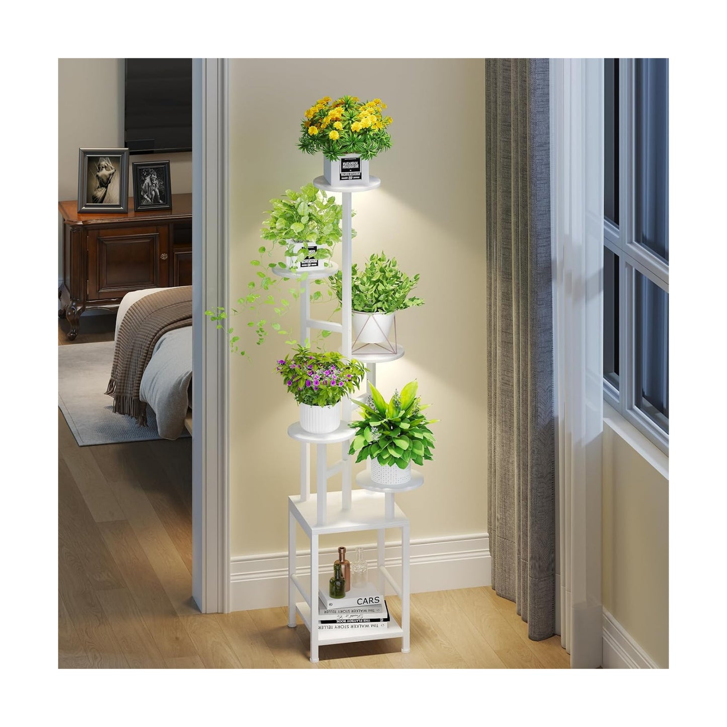 Plant Stand Indoor with Grow Light, 6-Tiered Tall Plant Stand Indoor, Metal Plant Shelf with Hanging Basket Hook and