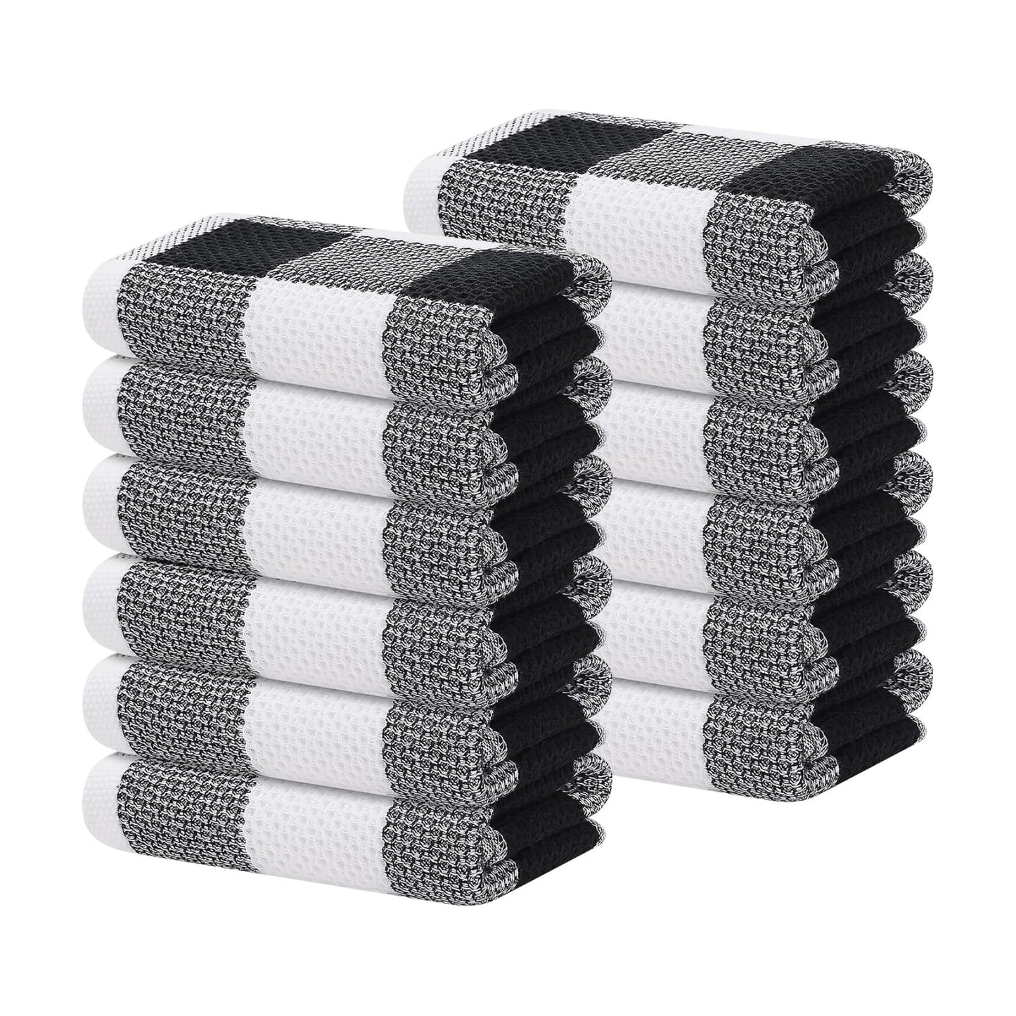 Homaxy Cotton Plaid 12 Pack Kitchen Towels, 13" x 28", White & Black | Waffle Weave, Plaid, Super Soft and Absorbent