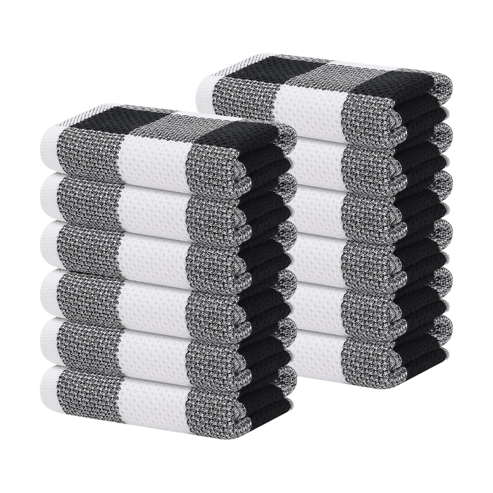 Homaxy Cotton Plaid 12 Pack Kitchen Towels, 13" x 28", White & Black | Waffle Weave, Plaid, Super Soft and Absorbent