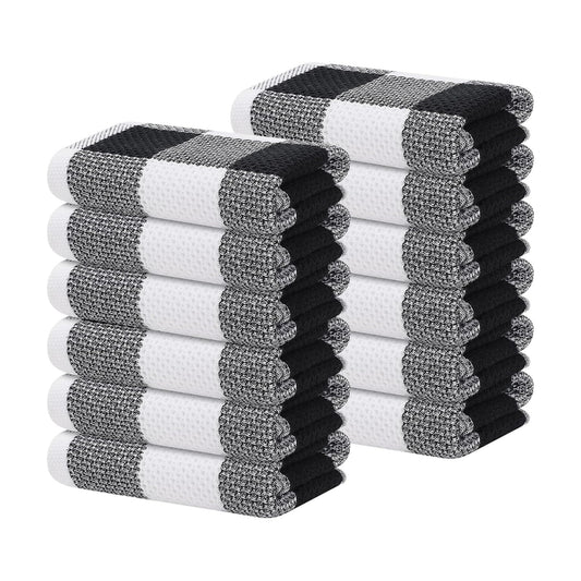 Homaxy Cotton Plaid 12 Pack Kitchen Towels, 13" x 28", White & Black | Waffle Weave, Plaid, Super Soft and Absorbent