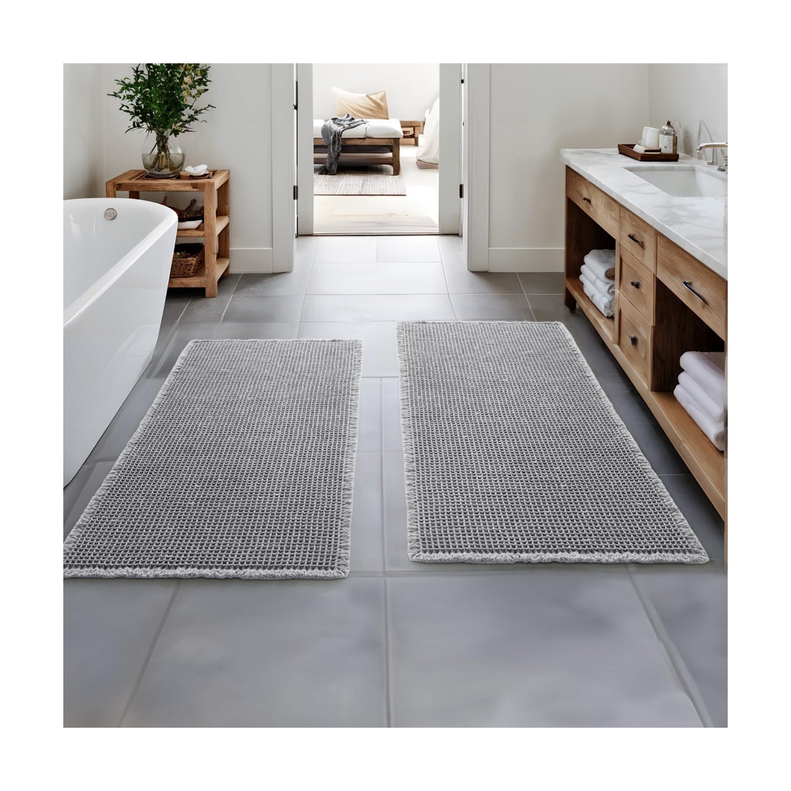 MIULEE Set of 2 Waffle Bathroom Runner Rugs Light Grey 2'x4'(24"x48")