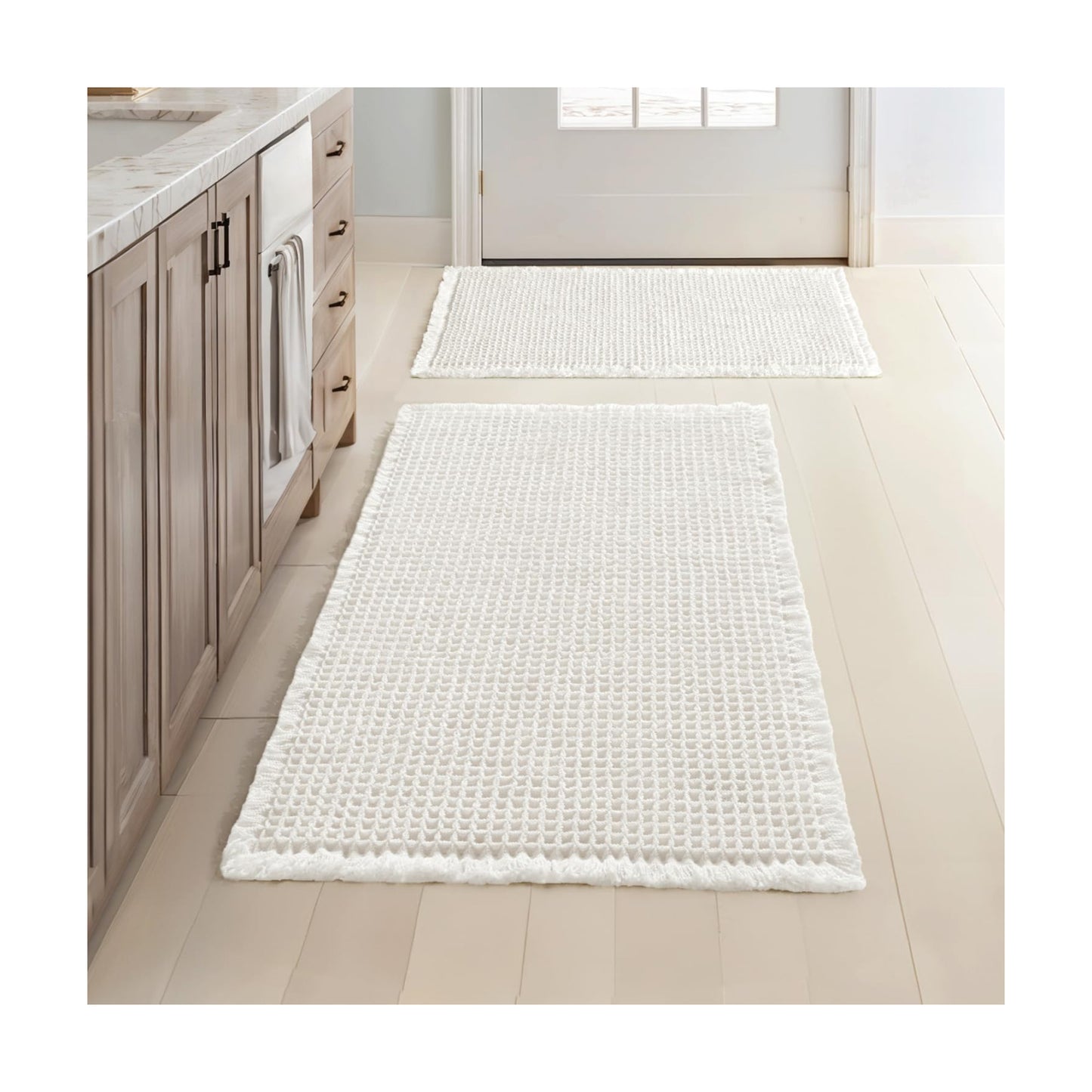 MIULEE Set of 2 Waffle Bathroom Rugs Boho Bath Mat White 17"x24"+18"x30"