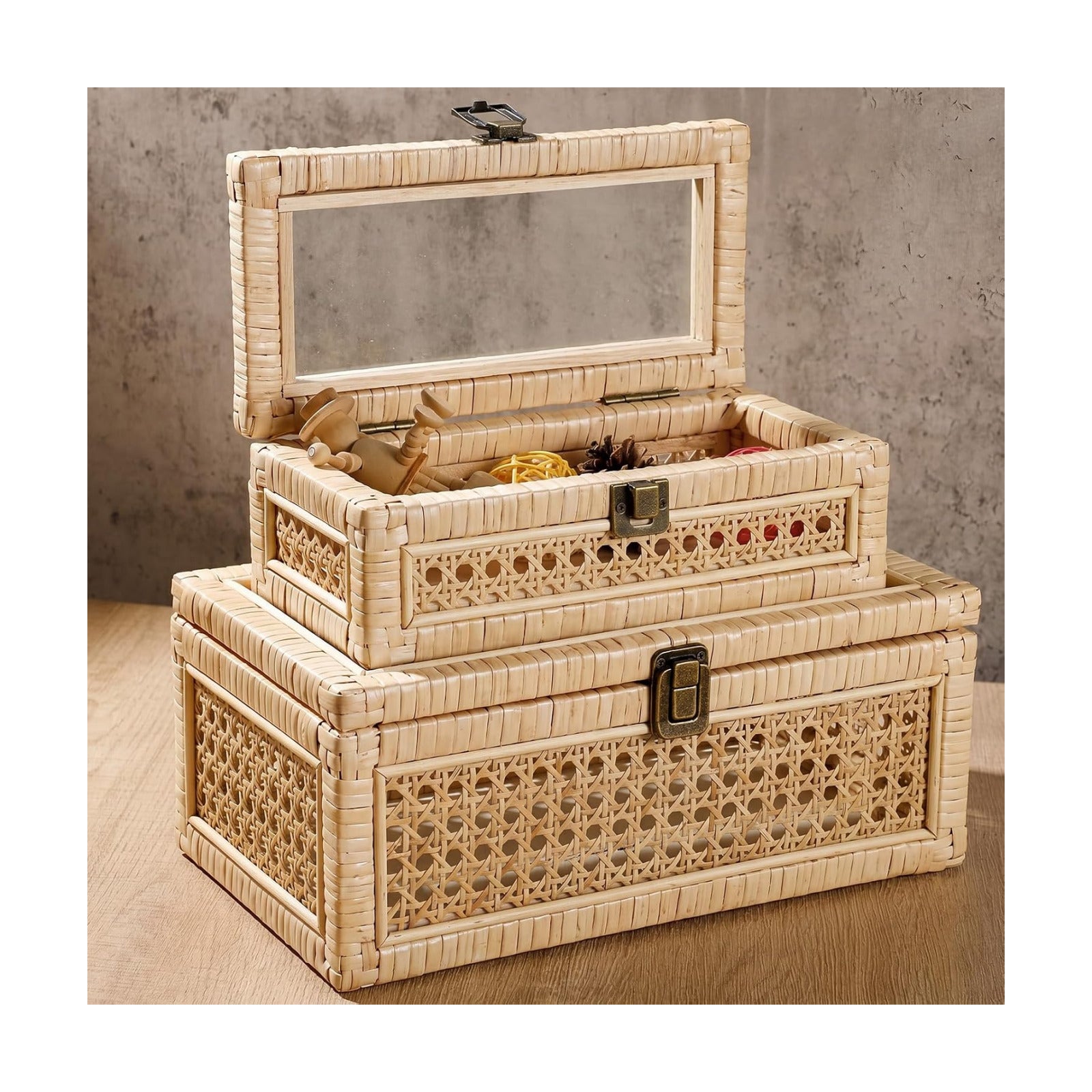 Glass Lid Rectangular Woven Cane Stacking Boxes for Display Rustic Farmhouse / Set of 2