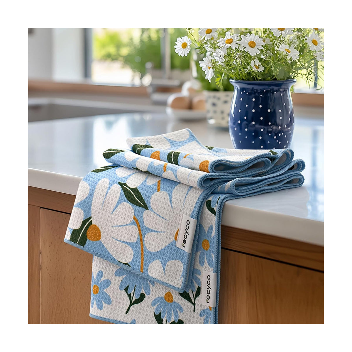 RECYCO Waffle Kitchen Towel Set of 2 - Quick Dry Microfiber Sustainable Dish Towels - Ultra Absorbent Reusable Cleaning Tea Towels - Lightweight Hand Towels,16”x 28”, Daisy Dreams