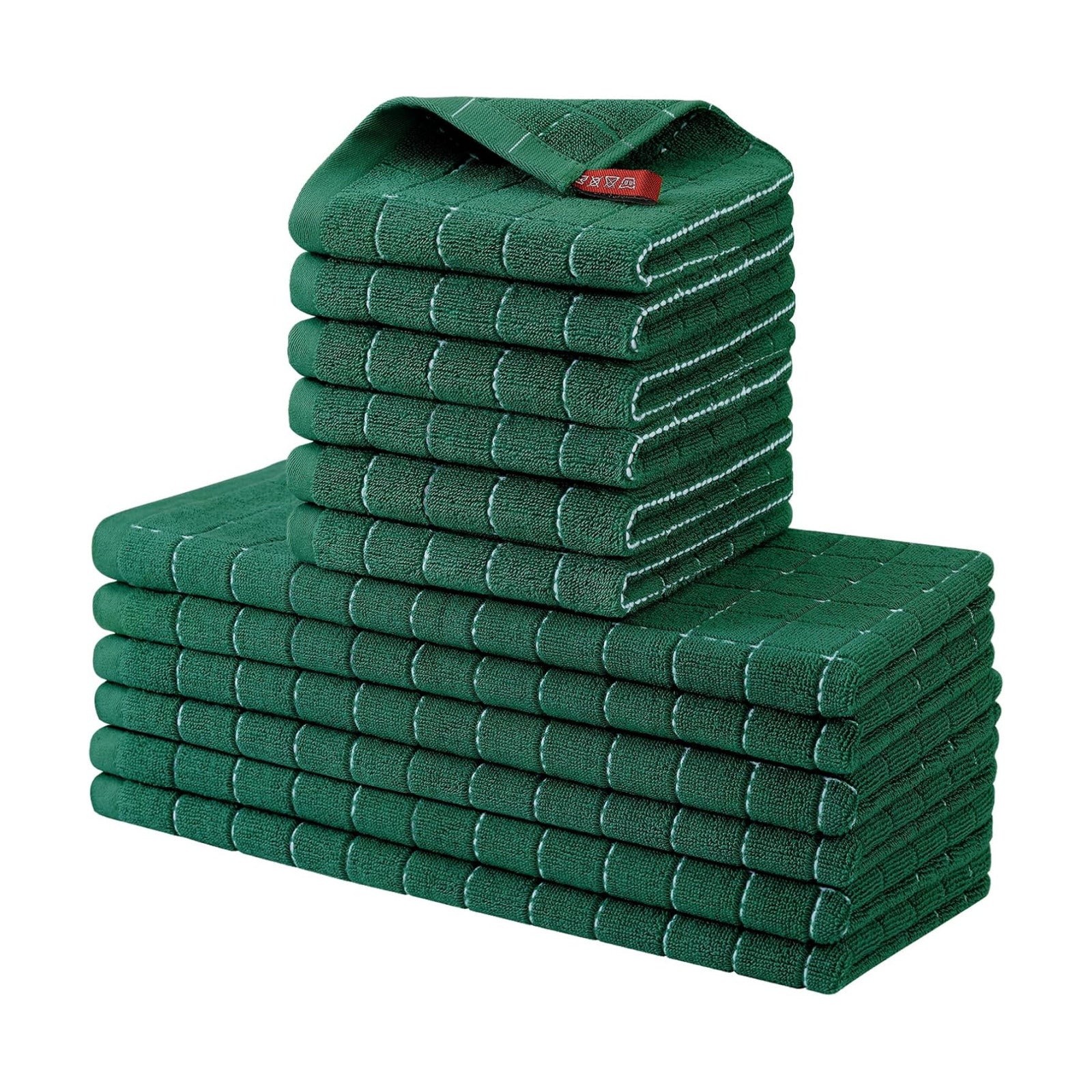 Homaxy Kitchen Towels and Dishcloths Set, Set of 12, Dark Green | Bulk Cotton Terry Kitchen Towels, Checkered Designed