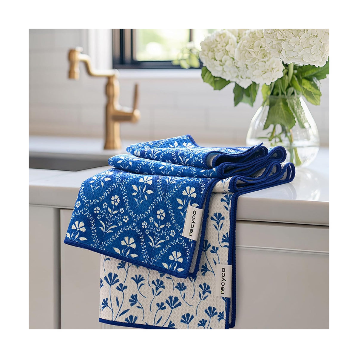 RECYCO Waffle Kitchen Towel Set of 2 - Quick Dry Microfiber Sustainable Dish Towels - Ultra Absorbent Reusable Cleaning Tea Towels - Lightweight Hand Towels,16”x 28”, Coastal Bliss