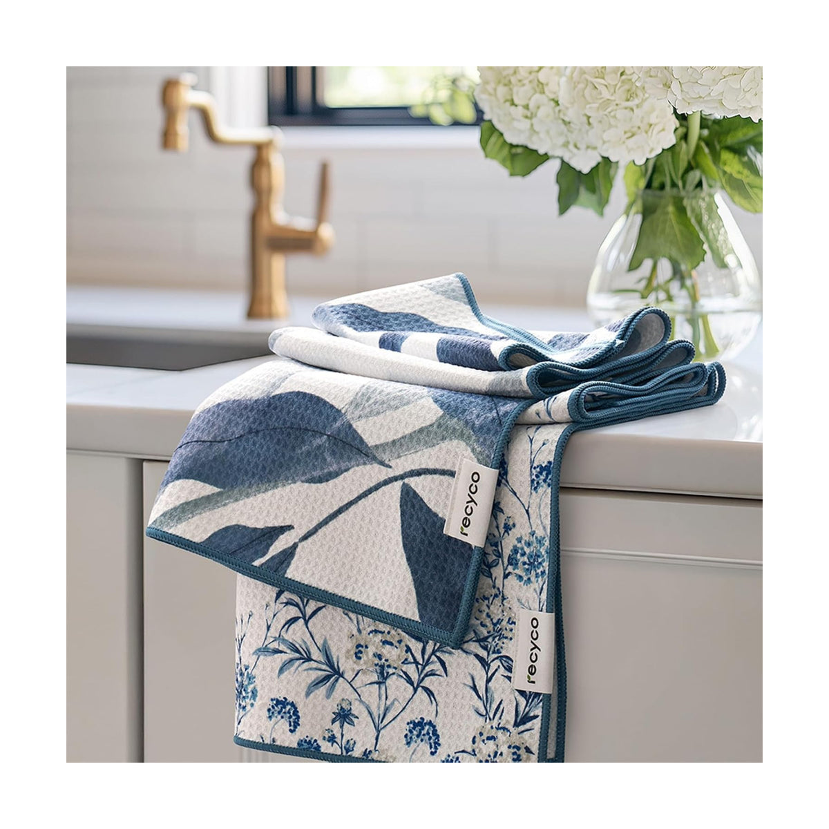 RECYCO Waffle Kitchen Towel Set of 2 - Quick Dry Microfiber Sustainable Dish Towels - Ultra Absorbent Reusable Cleaning Tea Towels - Lightweight Hand Towels,16”x 28”, Stormy Blue