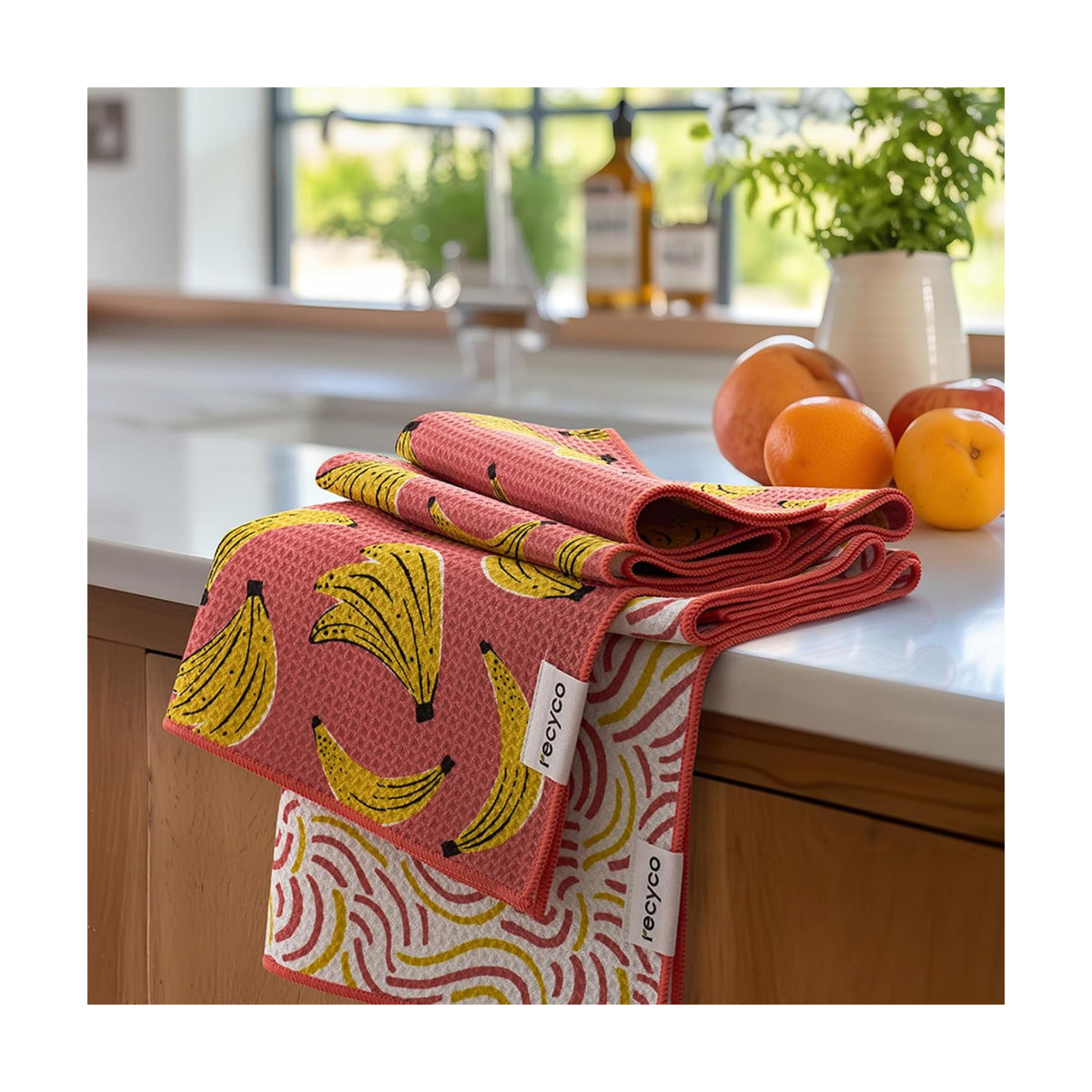 RECYCO Waffle Kitchen Towel Set of 2 - Quick Dry Microfiber Sustainable Dish Towels - Ultra Absorbent Reusable Cleaning Tea Towels - Lightweight Hand Towels,16”x 28”, Banana Joy