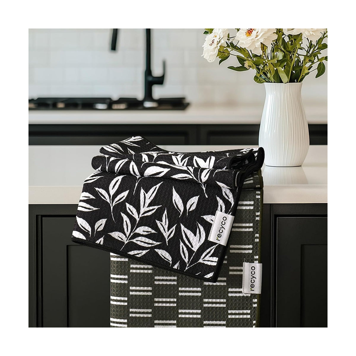 RECYCO Waffle Kitchen Towel Set of 2 - Quick Dry Microfiber Sustainable Dish Towels - Ultra Absorbent Reusable Cleaning Tea Towels - Lightweight Hand Towels,16”x 28”, Natural Rhythm