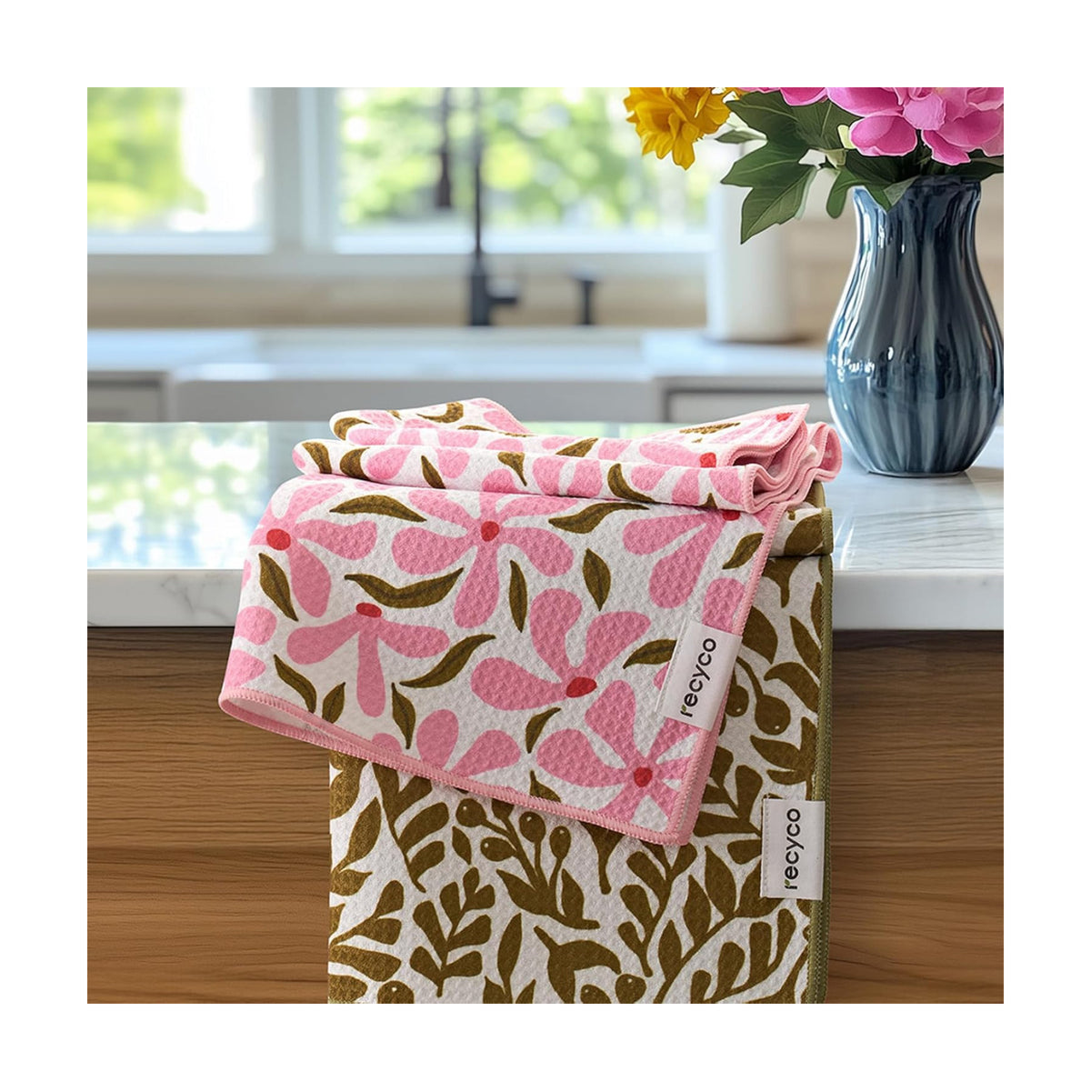 RECYCO Waffle Kitchen Towel Set of 2 - Quick Dry Microfiber Sustainable Dish Towels - Ultra Absorbent Reusable Cleaning Tea Towels - Lightweight Hand Towels,16”x 28”, Petal & Leaf
