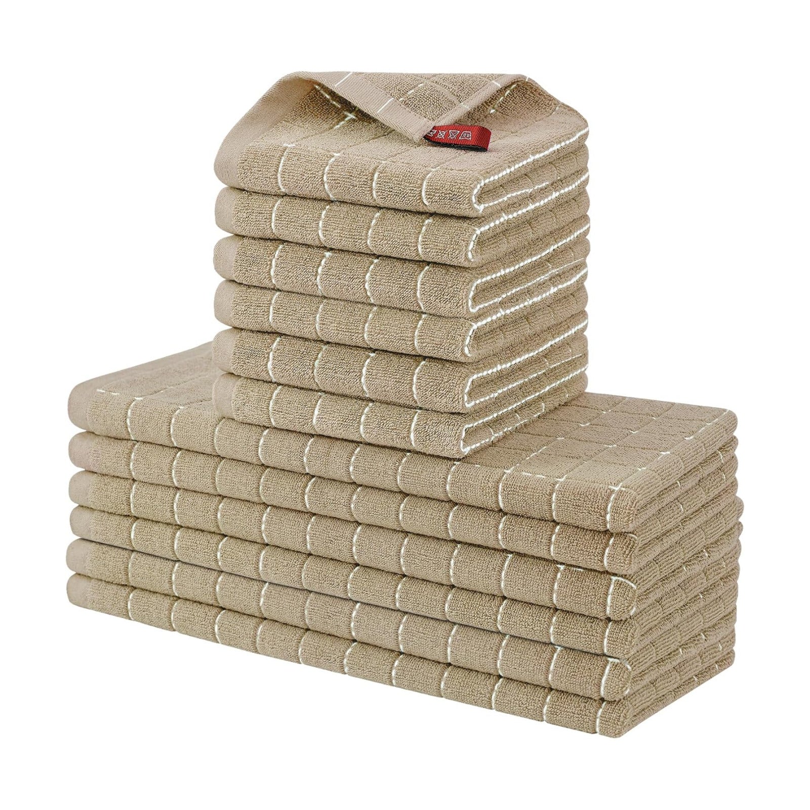 Homaxy Kitchen Towels and Dishcloths Set, Set of 12, Tan | Bulk Cotton Terry Kitchen Towels, Checkered Designed, Soft