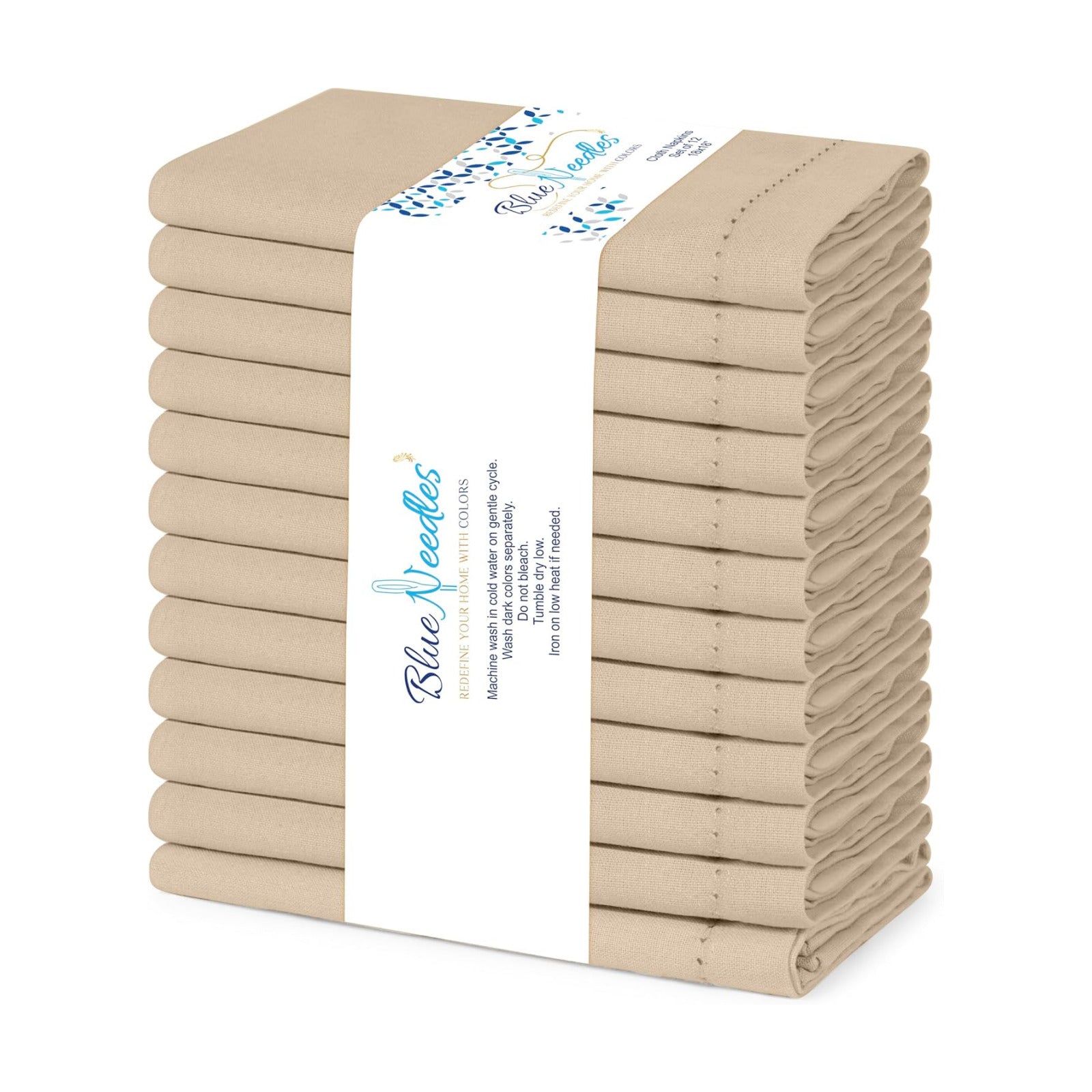 Blue Needles Set of 12 Hemstitch Linen Napkins 100% Cotton Beige Cloth Dinner Napkins 18x18 inches - Spring Summer