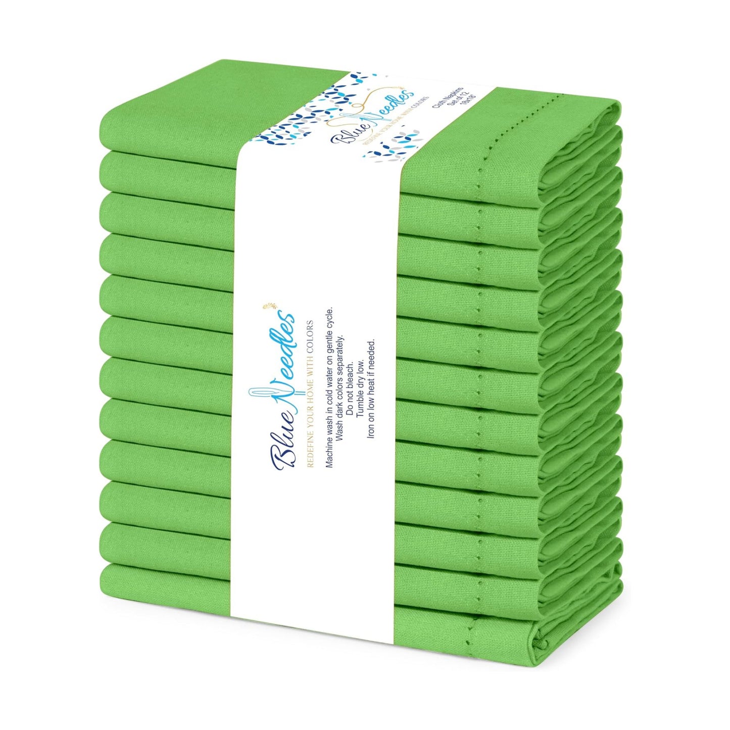 Blue Needles Set of 12 Hemstitch Linen Napkins 100% Cotton Apple Green Cloth Dinner Napkins 18x18 inches - Spring