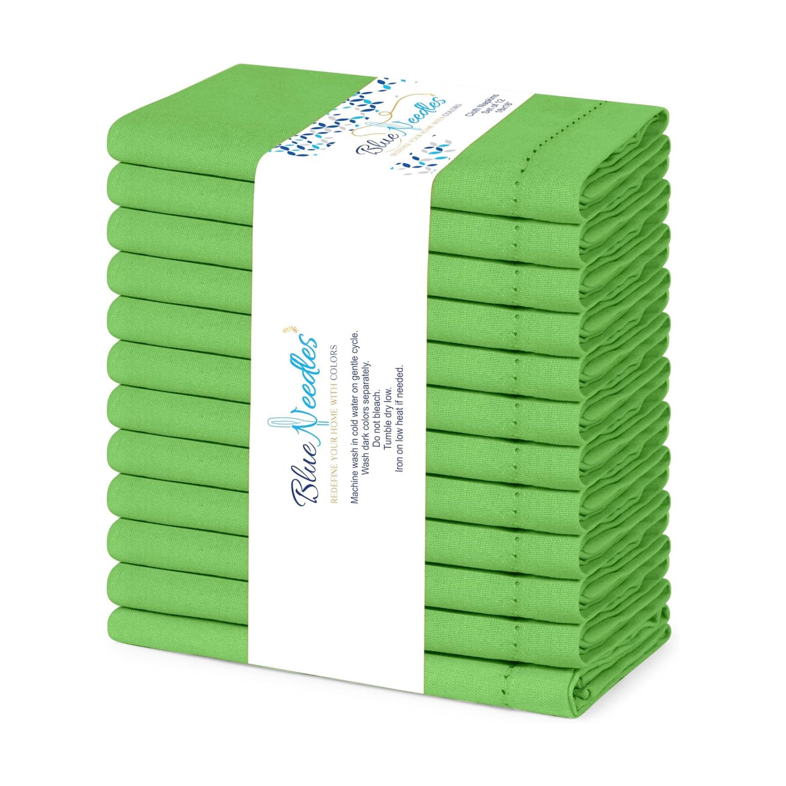 Blue Needles Set of 12 Hemstitch Linen Napkins 100% Cotton Apple Green Cloth Dinner Napkins 18x18 inches - Spring