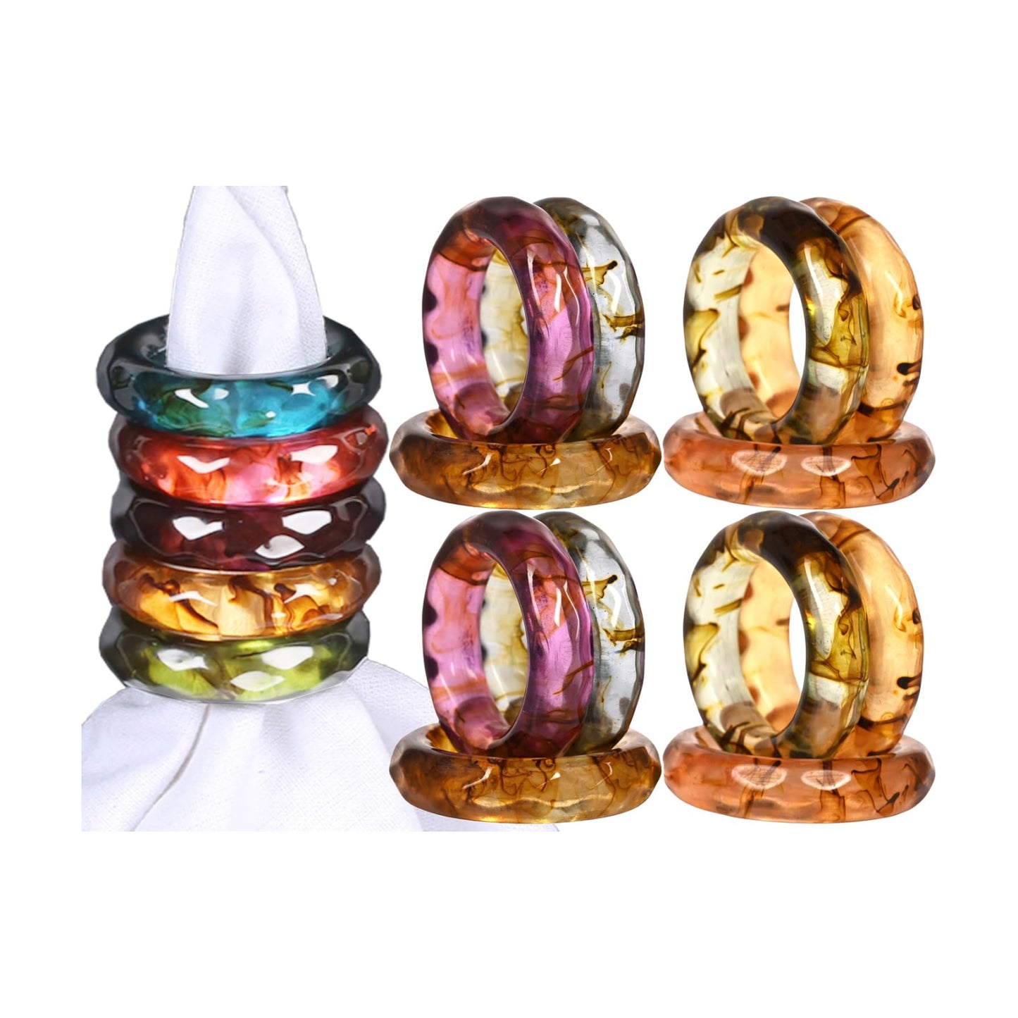 Resin Napkin Rings, Set of 12, Spring Color Epoxy Holders | Epoxy resin, glossy finish, 2.5x2.5x0.5in, fits cloth