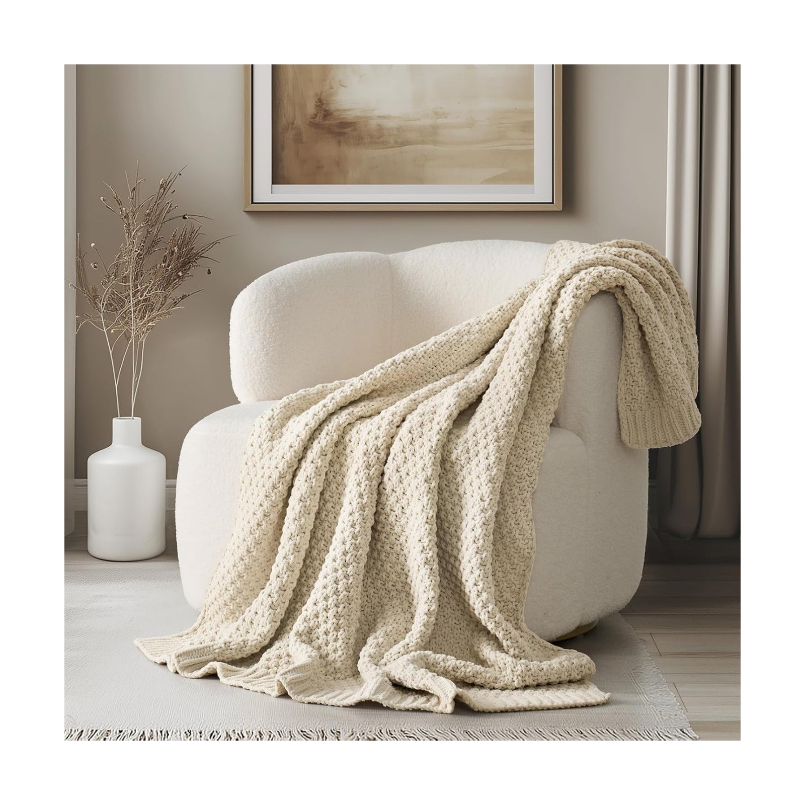 EVERGRACEHOME Chunky Chenille Knit Throw Blanket, 50 x 60, Beige