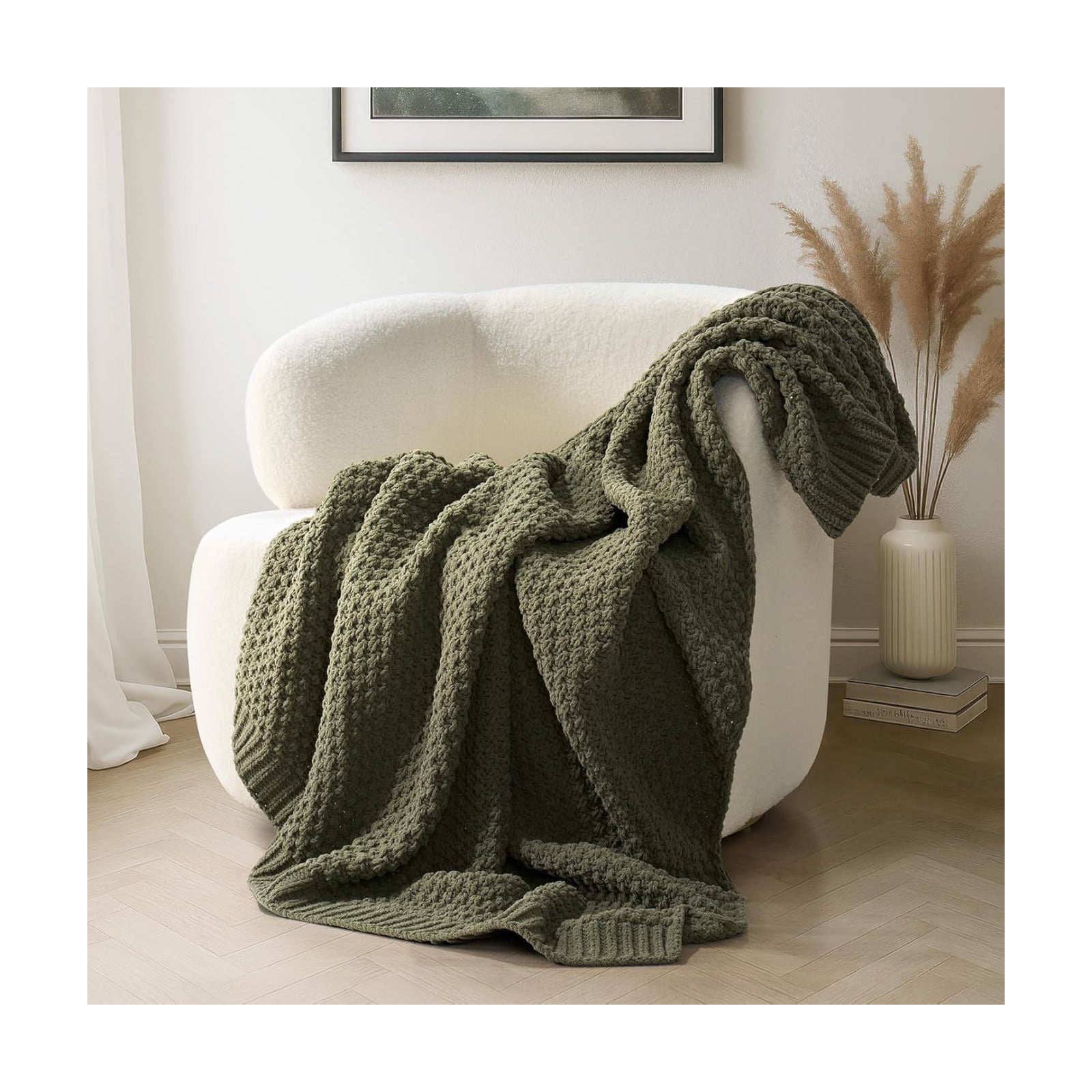 EVERGRACEHOME Chunky Chenille Knit Throw Blanket, 60 x 80, Olive Green
