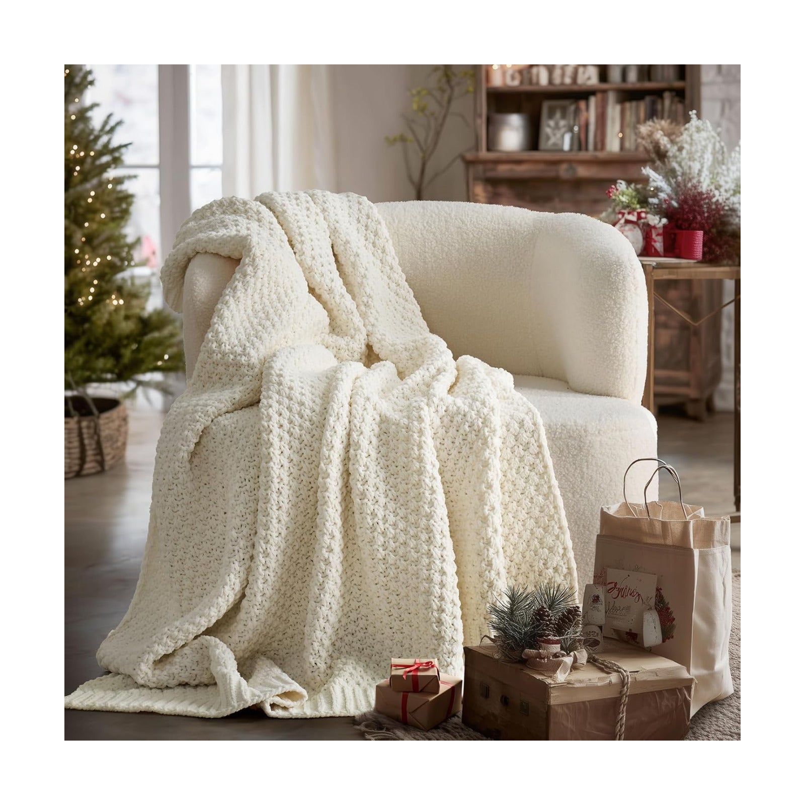 EVERGRACEHOME Chunky Chenille Knit Throw Blanket, 50 x 60, Ivory White