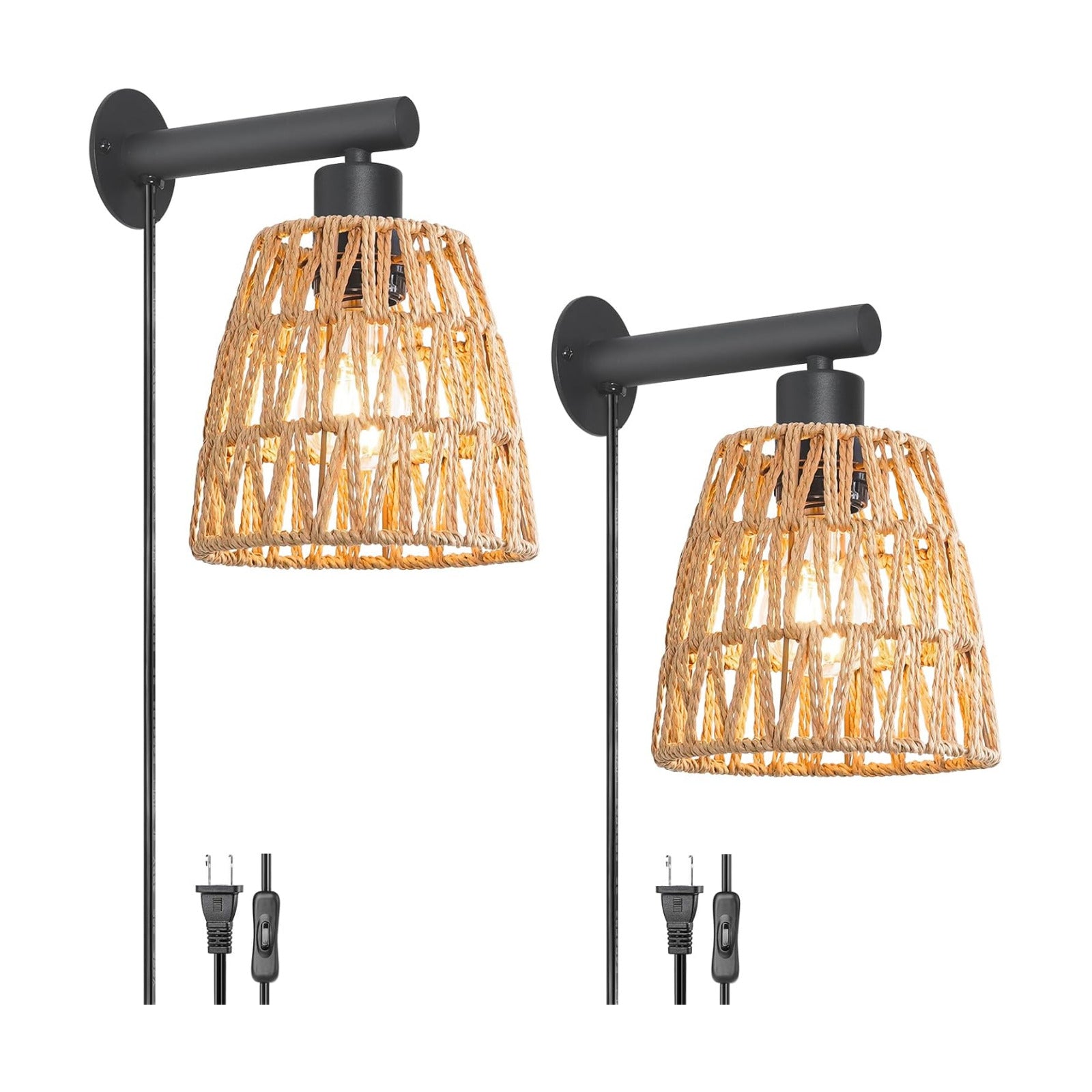 Boho Plug in Wall Sconce Set of 2 – Black Farmhouse Wall Lights with Rattan Shade | Bedroom & Living Room Plug in Wall