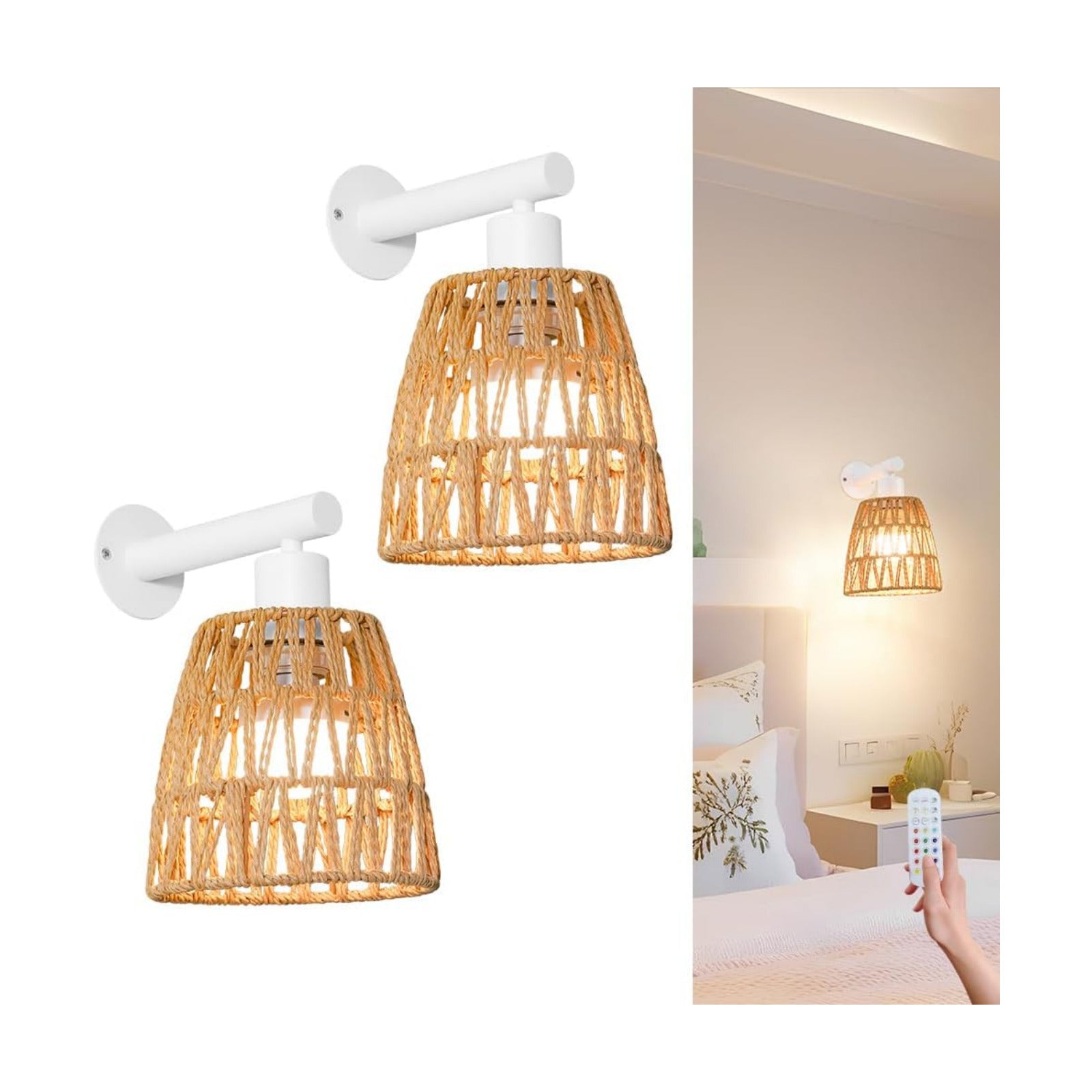Battery Operated Wall Sconce Set of 2, Boho USB Rechargeable Wall lamp, White Farmhouse Rattan Sconce Lighting with