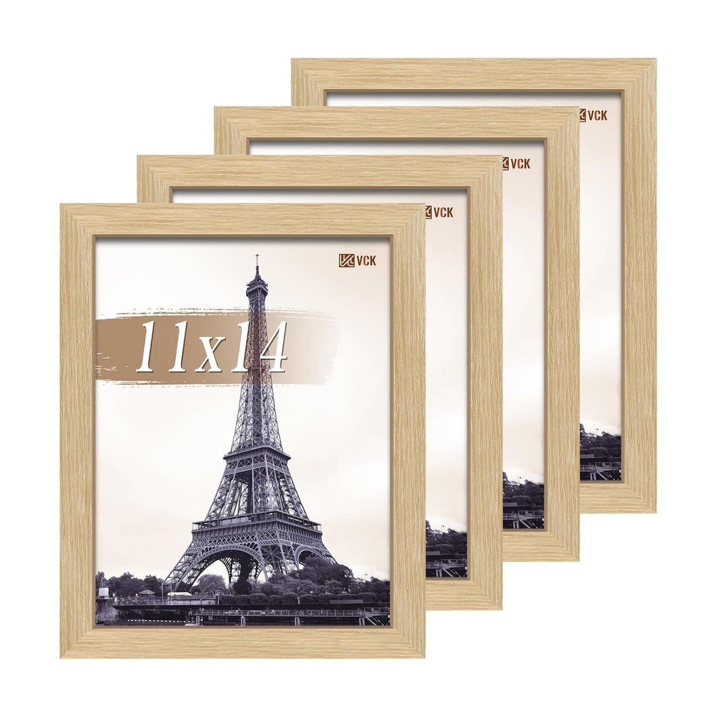 VCK 11x14 Picture Frame Oak 4 Pack, Wide Thick Wood Border, for Prints | Exclusive Woodgrain, Wall Hanging, HD