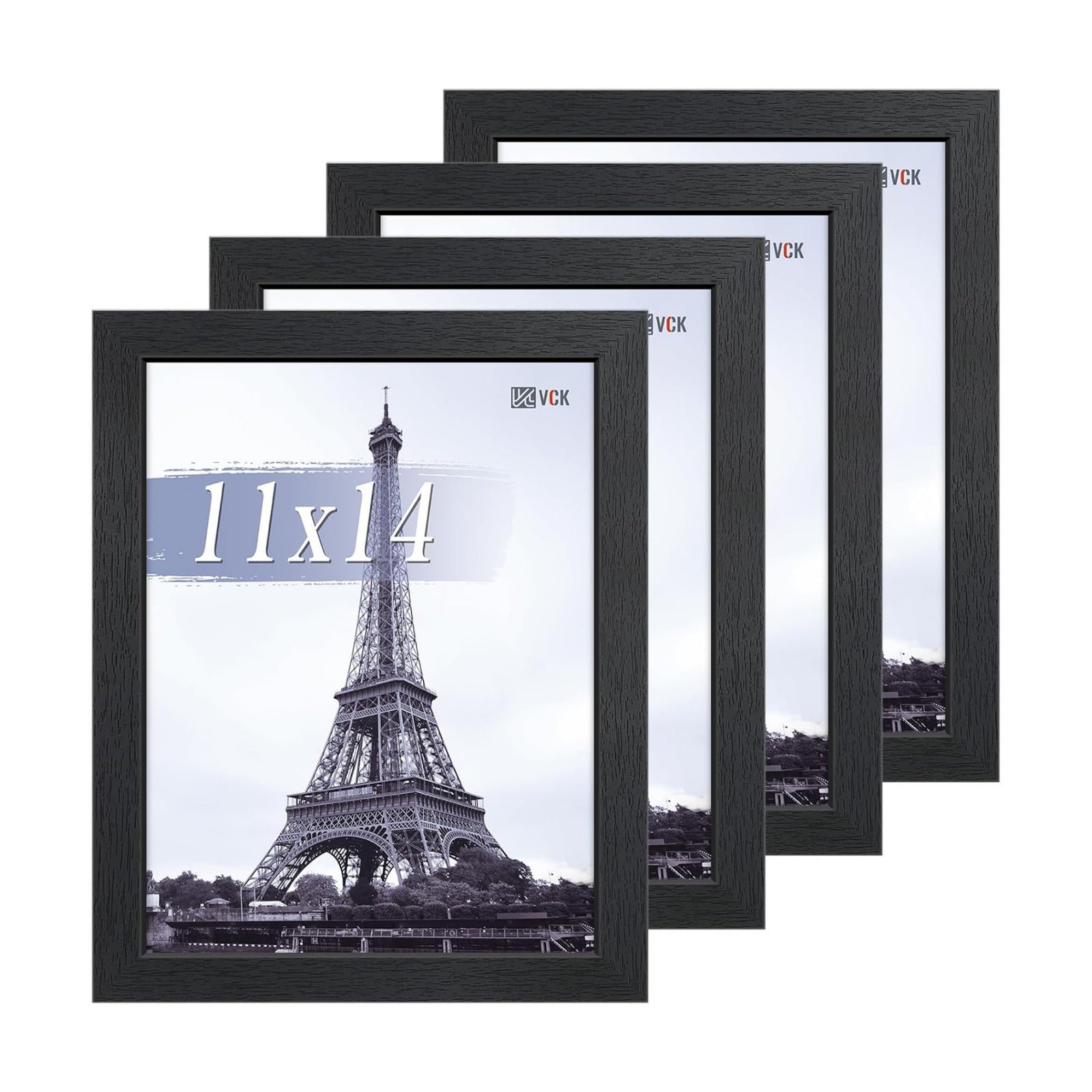 VCK 11x14 Picture Frame Black 4 Pack, Wide Thick Wood Border, for Photos | Exclusive Woodgrain, Wall Hanging, HD