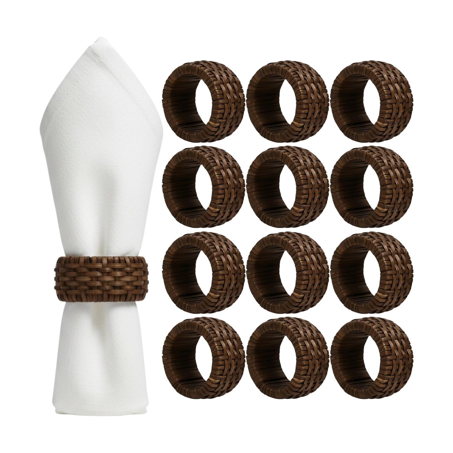 Alpha Living Home Napkin Rings, Rustic Rattan Style, Brown, Set of 12 | Cane & plastic, 2.25x2.25x1.5 in, farmhouse