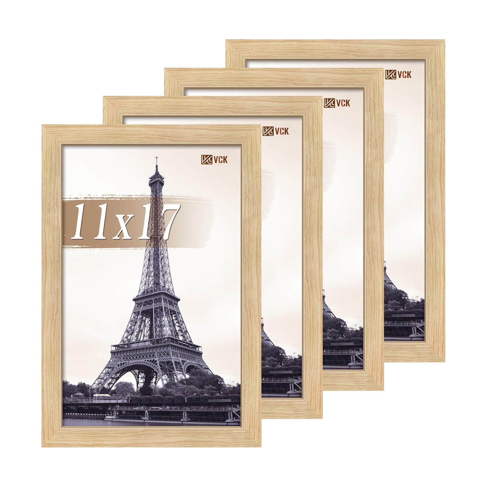 VCK 11x17 Picture Frame Oak 4 Pack, Wide Thick Wood Border, for Print | Exclusive Woodgrain, Wall Hanging, HD