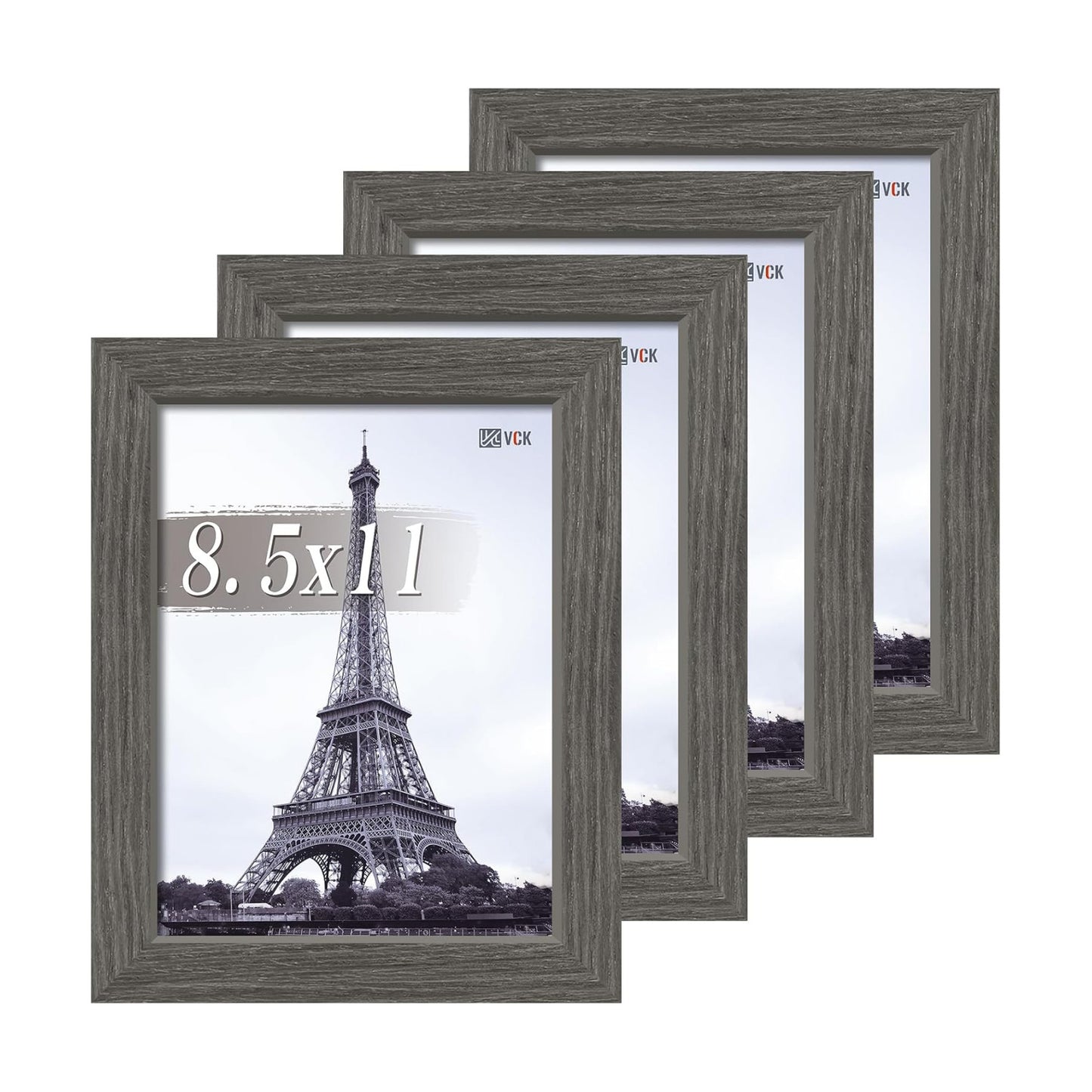 VCK 8.5 by 11 Picture Frame Grey 4 Pack, Wide Thick Wood Border, for Photo | Exclusive Woodgrain, Wall/Tabletop, HD