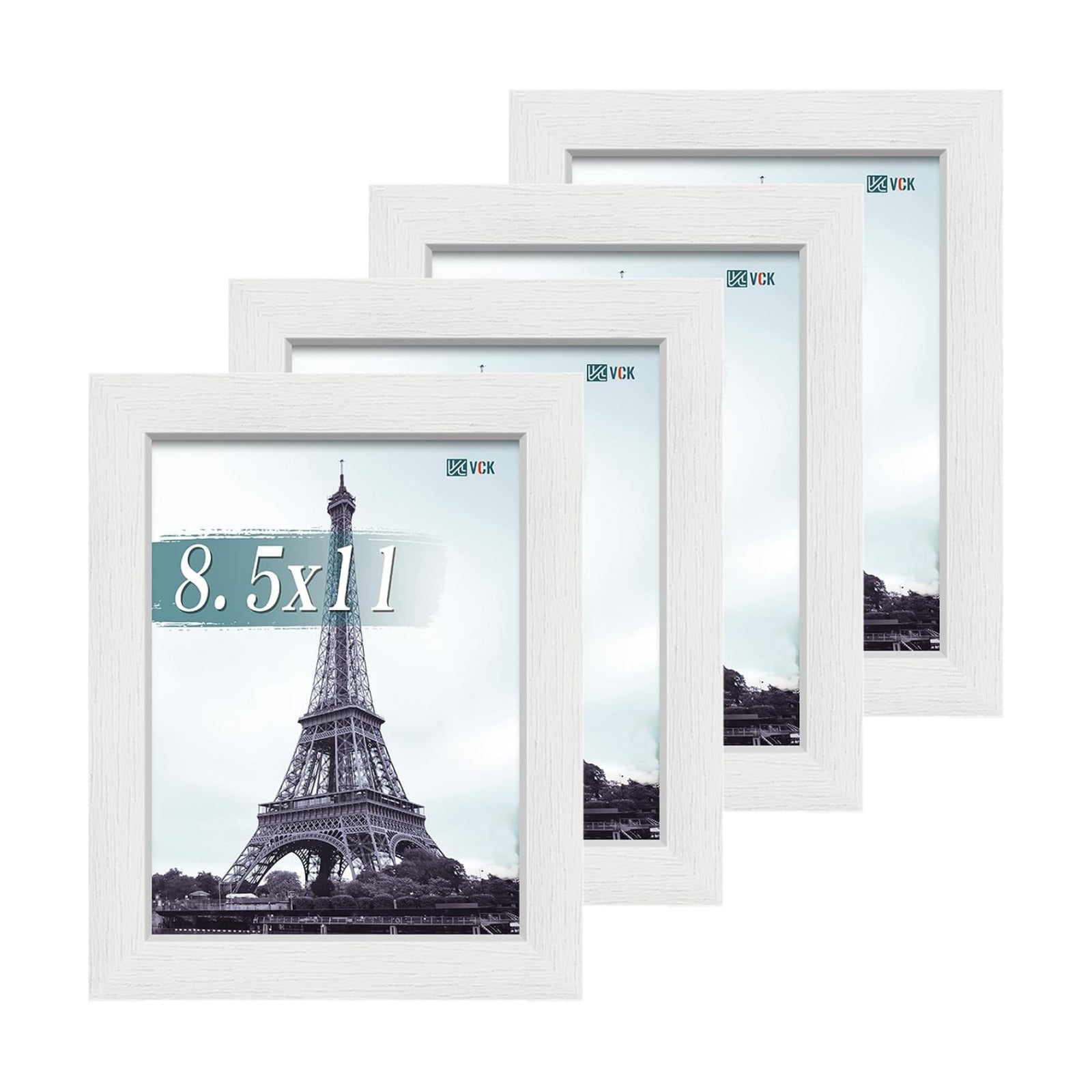 VCK 8.5 by 11 Picture Frame White 4 Pack, Wide Thick Wood Border, for Photo | Exclusive Woodgrain, Wall/Tabletop, HD