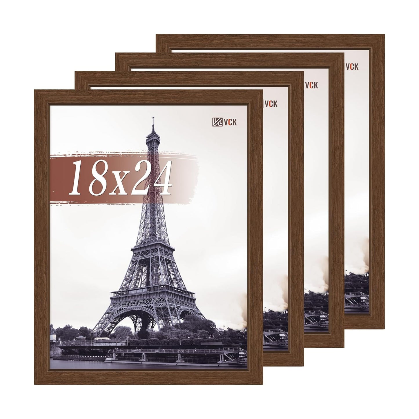 VCK 18x24 Frame Brown 4 Pack, Wide Thick Wood Border, for Prints | Exclusive Woodgrain, Wall Hanging, HD Plexiglass