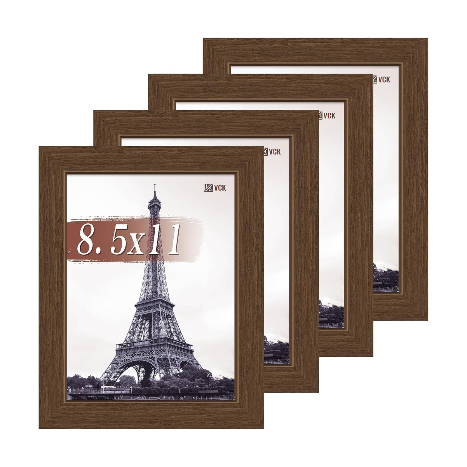 VCK 8.5 by 11 Picture Frame Brown 4 Pack, Wide Thick Wood Border, for Print | Exclusive Woodgrain, Wall/Tabletop, HD