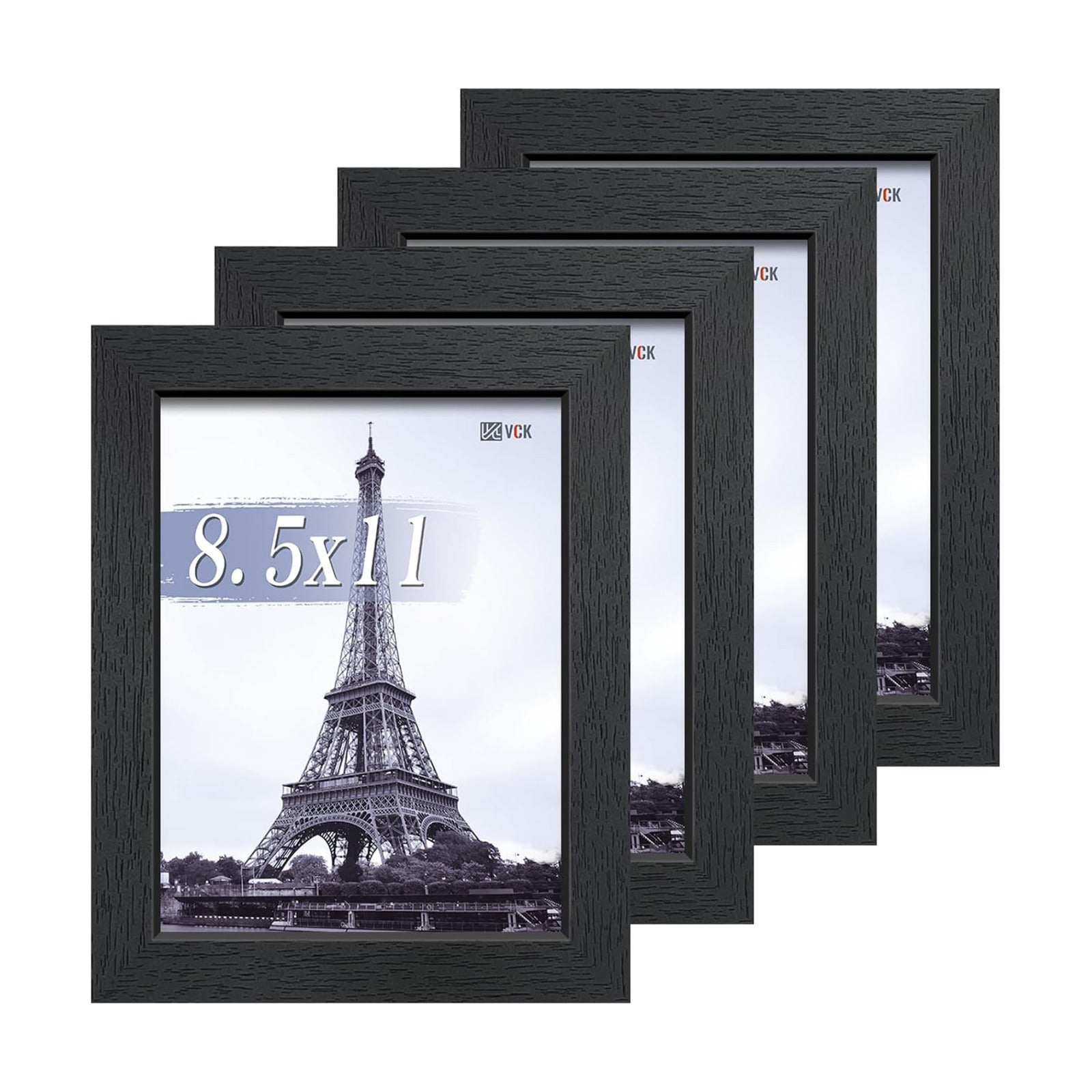 VCK 8.5 by 11 Picture Frame Black 4 Pack, Wide Thick Wood Border, for Photo | Exclusive Woodgrain, Wall/Tabletop, HD