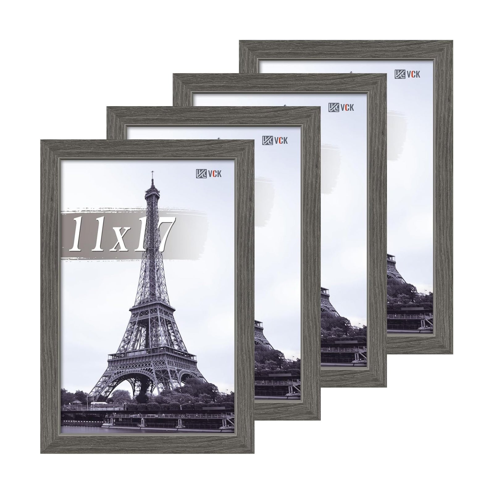 VCK 11x17 Picture Frame Grey 4 Pack, Wide Thick Wood Border, for Poster | Exclusive Woodgrain, Wall Hanging, HD