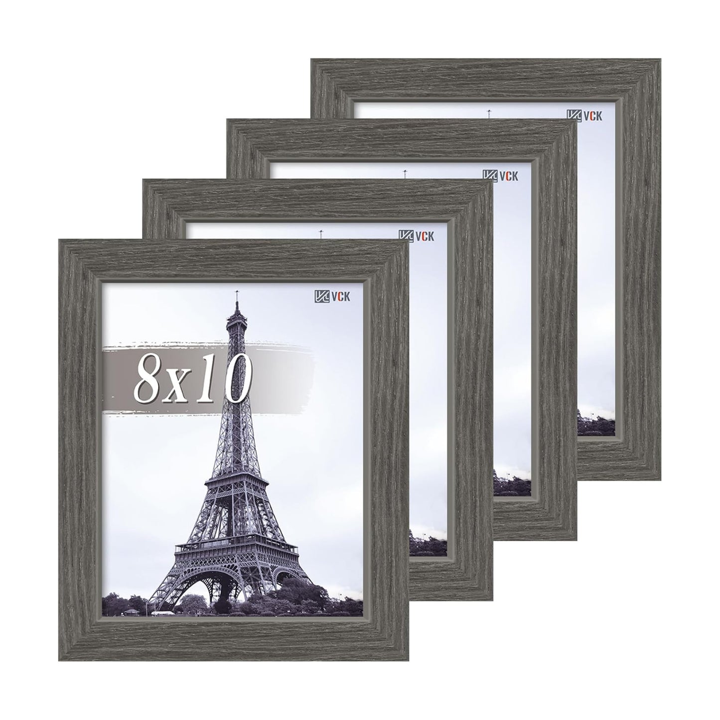 VCK 8x10 Picture Frame Grey 4 Pack, Wide Thick Wood Border, for Photo | Exclusive Woodgrain, Wall/Tabletop, HD