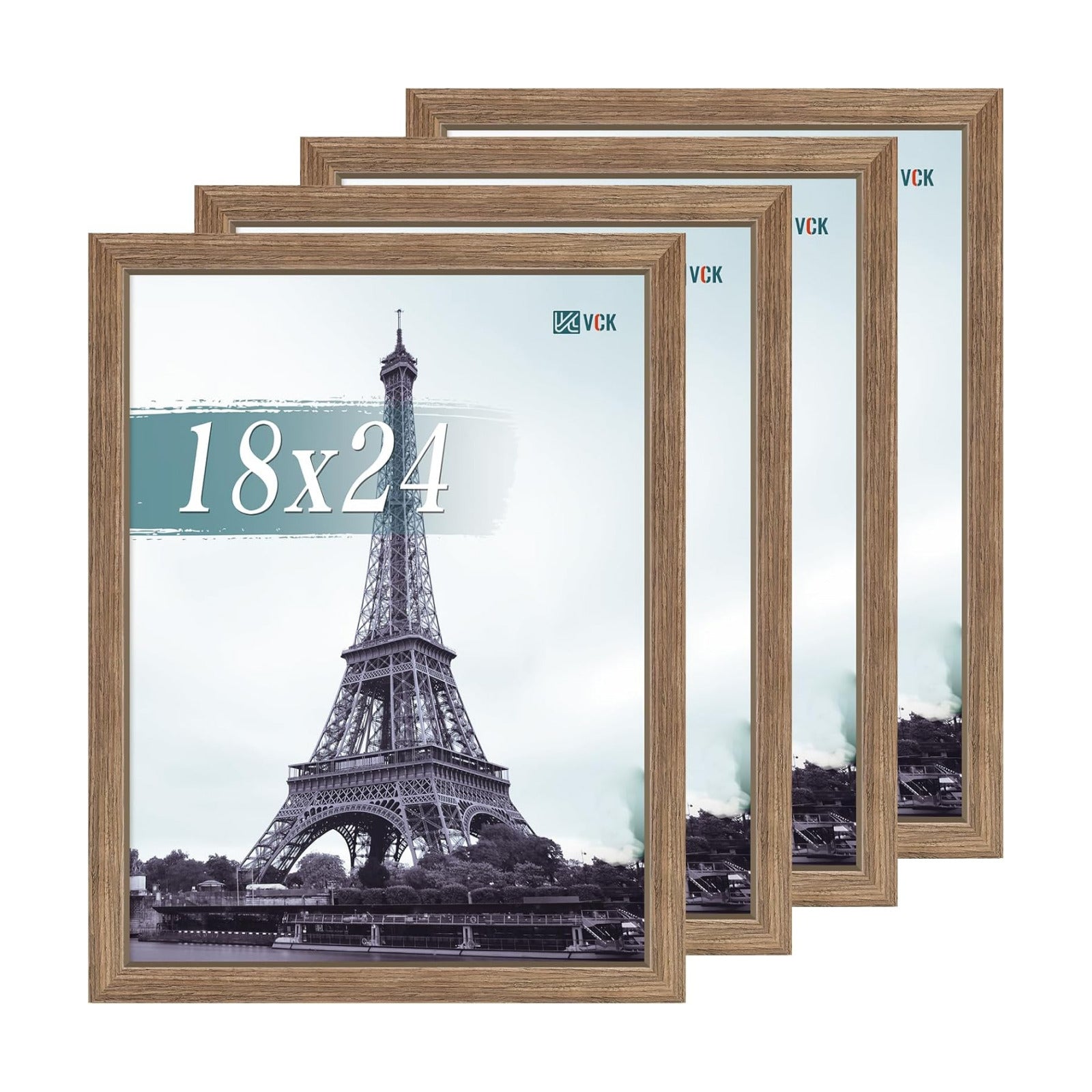 VCK 18x24 Frame Walnut 4 Pack, Wide Thick Wood Border, for Prints | Exclusive Woodgrain, Wall Hanging, HD Plexiglass