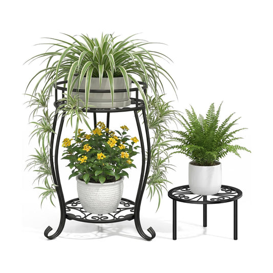 TOSKING 2-Tier & 9.1'' Single Metal Plant Stand Set,Indoor/Outdoor,Black | Single Stand with Adjustable Leveling Feet