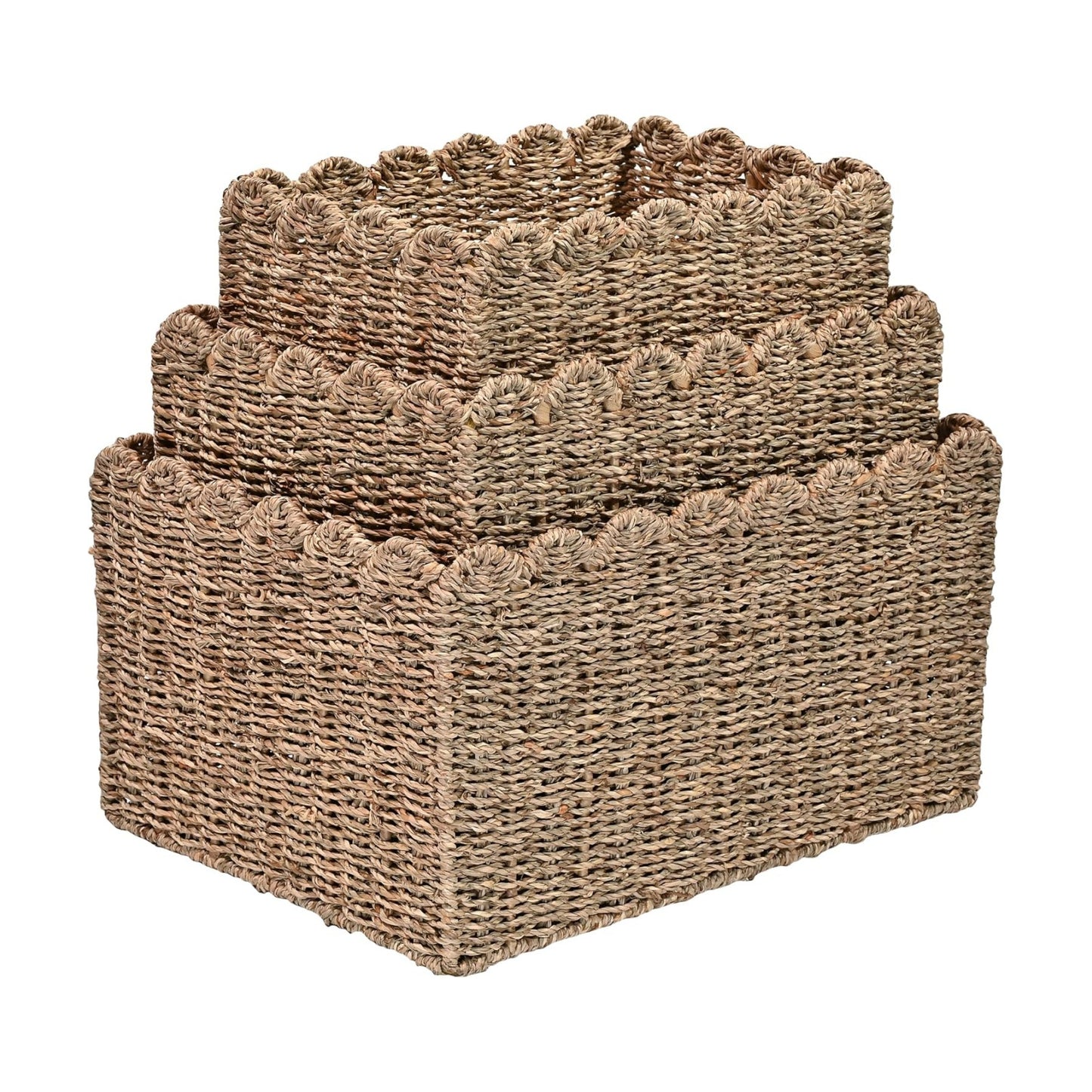 BSK2013A- Arden Coastal Cottage Seagrass Scalloped Rectangular Organizing / Natural / Set of 3