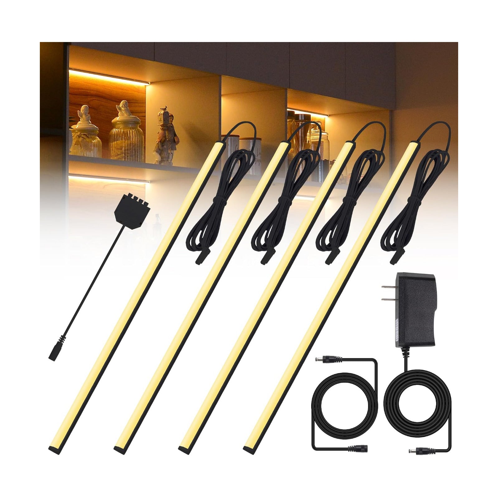 JUSJUBR Black Display Shelf Lighting, 4 Pack x12 Inch Display Lights for Display Case, LED Display Lights with Memory