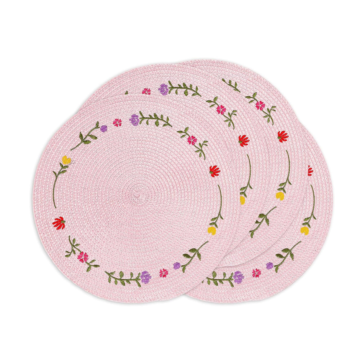 Whaline 4Pcs Spring Flower Embroidered Placemats Round Place Mats Pink Floral Dinner Table Mats for Home Holiday Wedding Bridal Baby Shower Birthday Party Decor