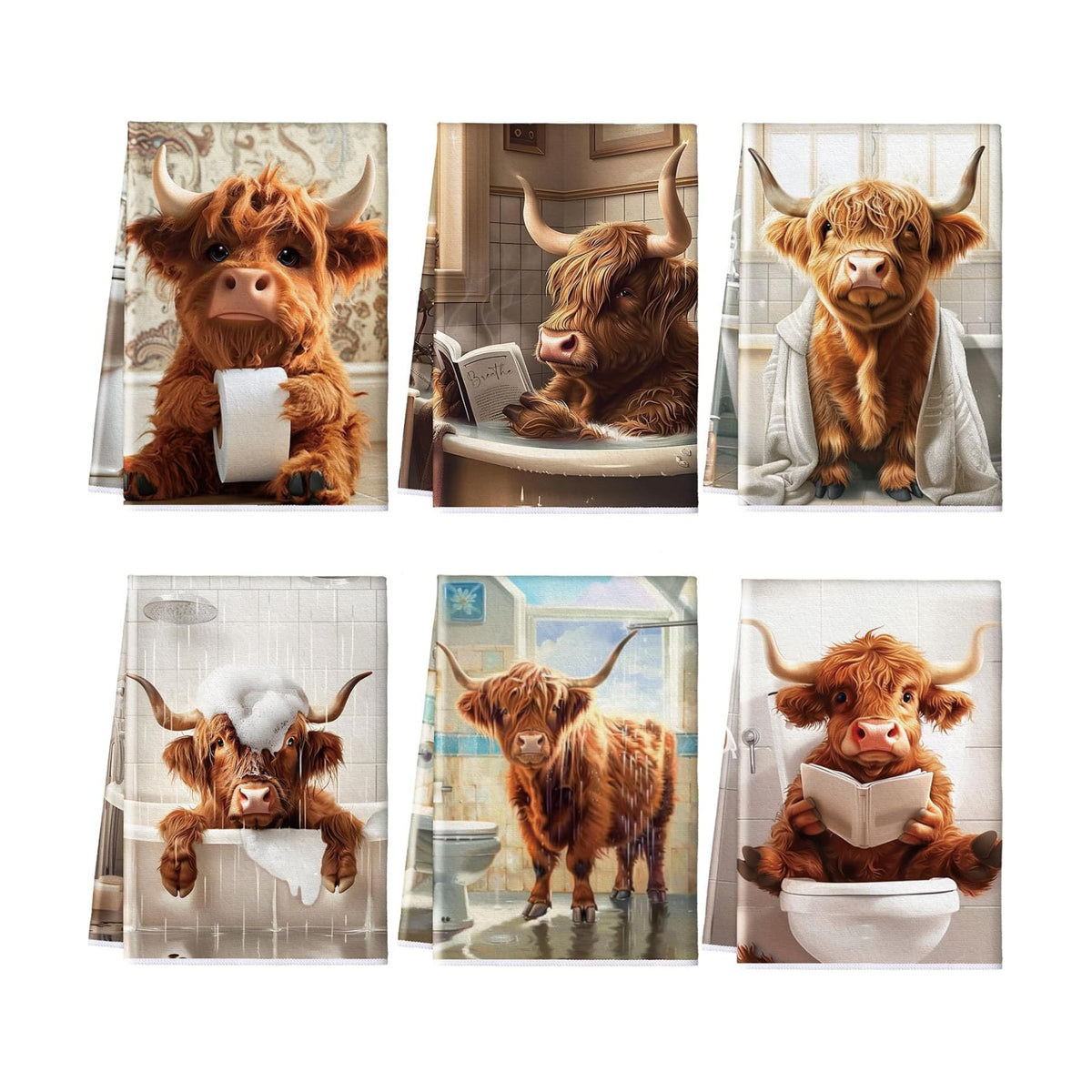 Redbaker 6 Highland Cow Kitchen Towels with Hanging Loop