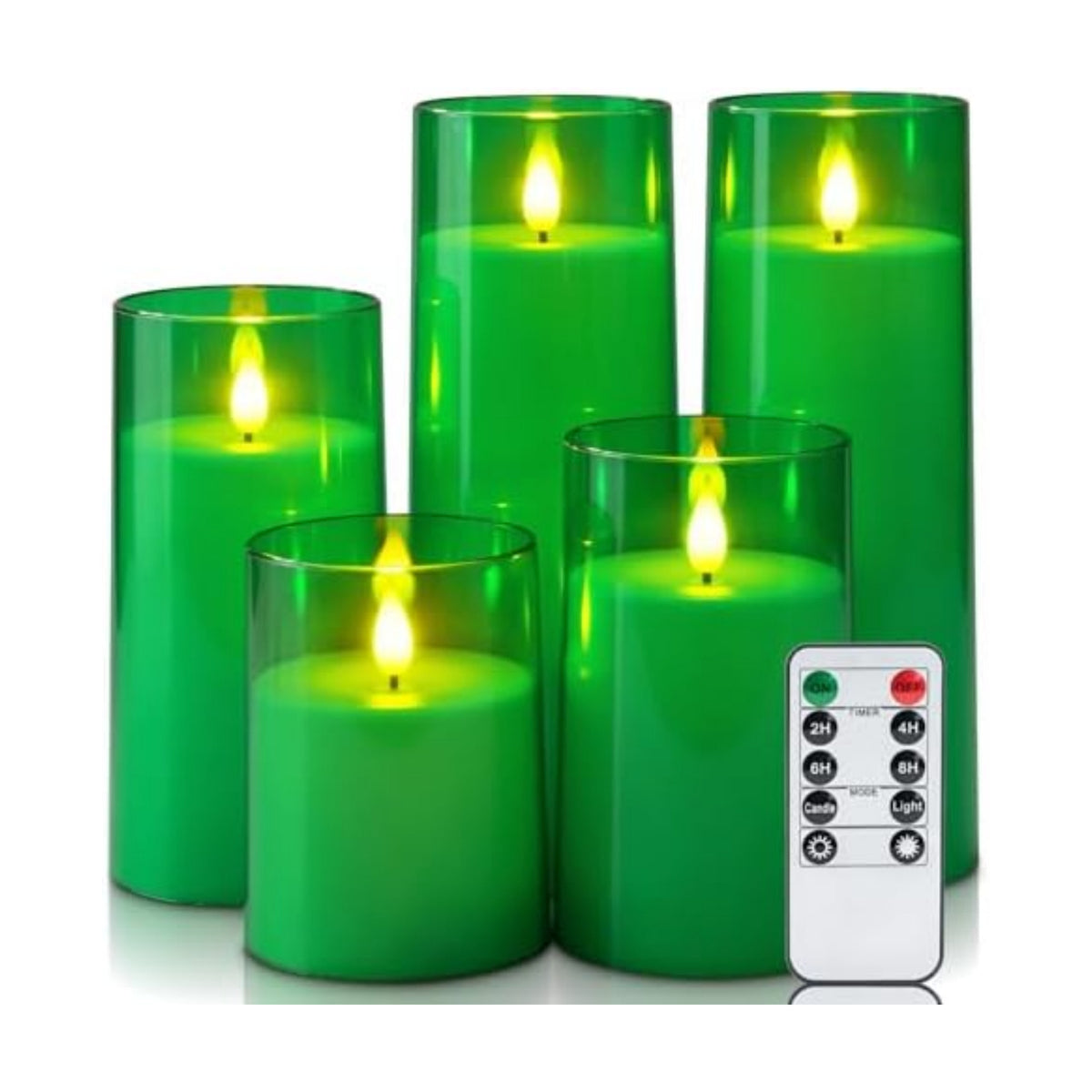 Homemory Green Flickering Flameless Candles, Battery Operated Acrylic LED Pillar Candles with Remote Control and Timer, Set of 5, St. Patrick's Day