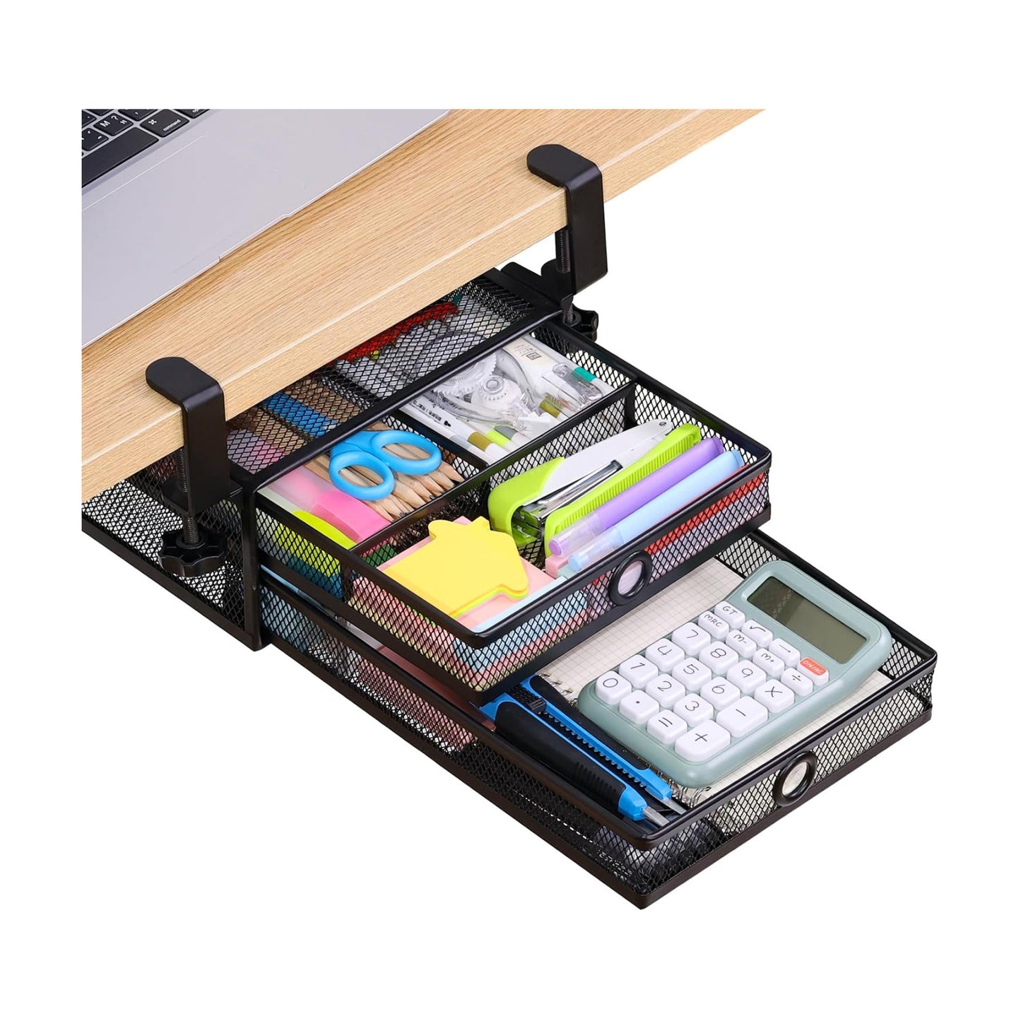 Under Desk Drawer, Clamp on Desk Organizer Slide Out Table Storage No Drill | 2Tier Under desk drawer: clamp on desk