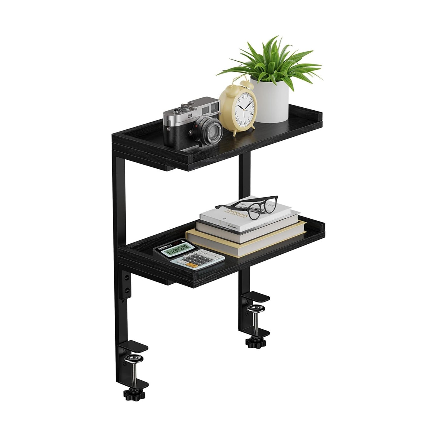 Clamp On Desk Shelf 2-Tier, 12.6 inche Wood Shelving Unit for Office Desk/Gaming Accessories, Tabletop Book Storage