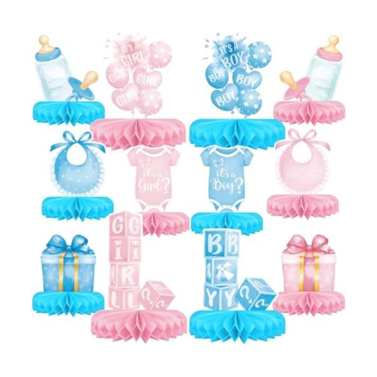 Gender Reveal Decoration Set - Includes Baby Reveal Table Decorations with Honeycomb Centerpiece for Boy or Girl Baby Shower Party Decoration