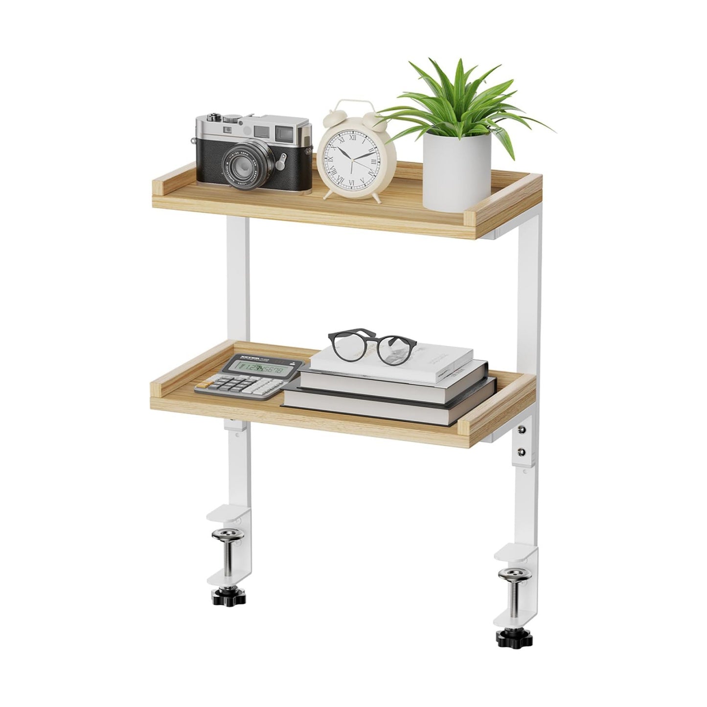 Clamp On Desk Shelf 2-Tier, 12.6 inch Wood Shelving Unit for Office Desk/Gaming Accessories, Tabletop Book Storage