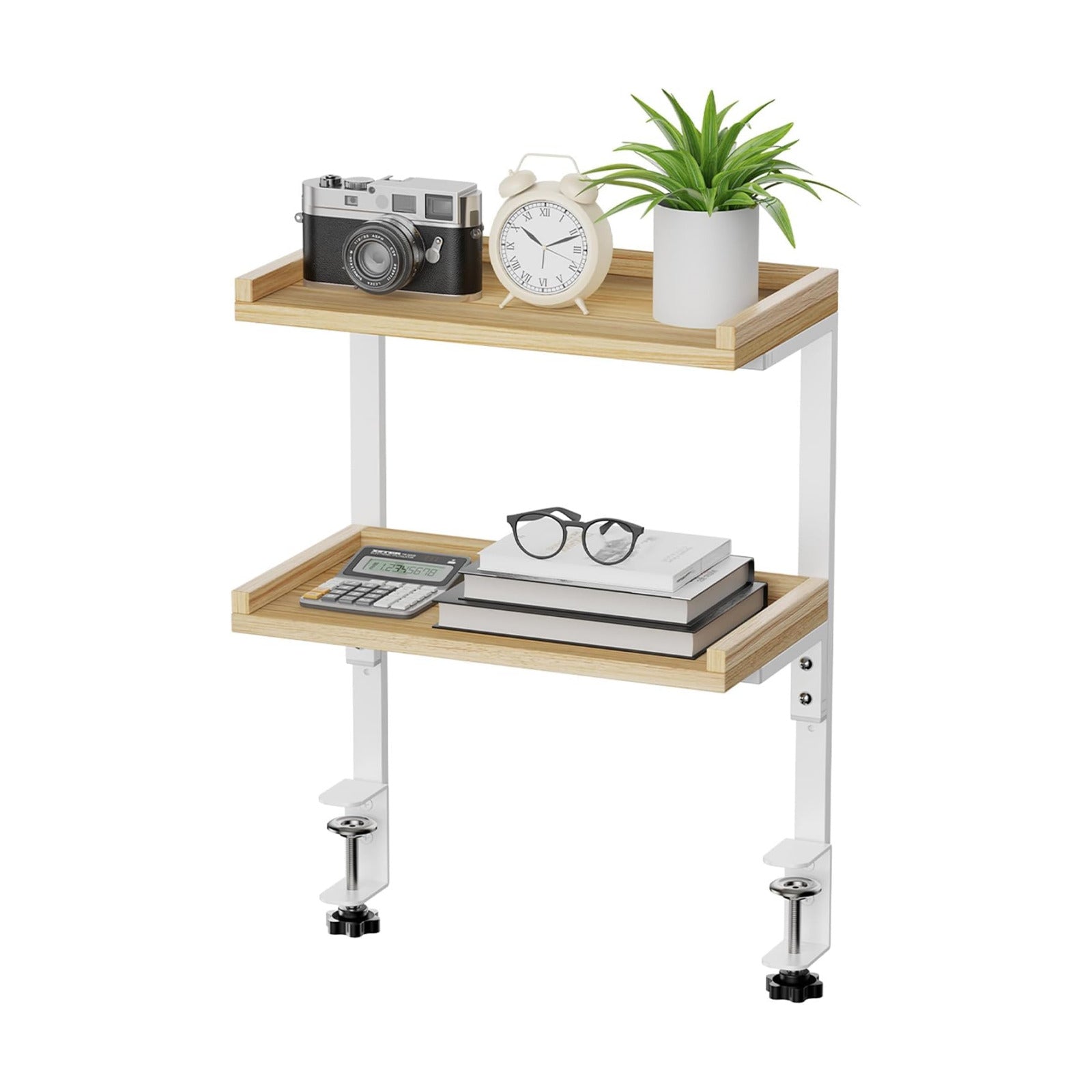 Clamp On Desk Shelf 2-Tier, 12.6 inch Wood Shelving Unit for Office Desk/Gaming Accessories, Tabletop Book Storage